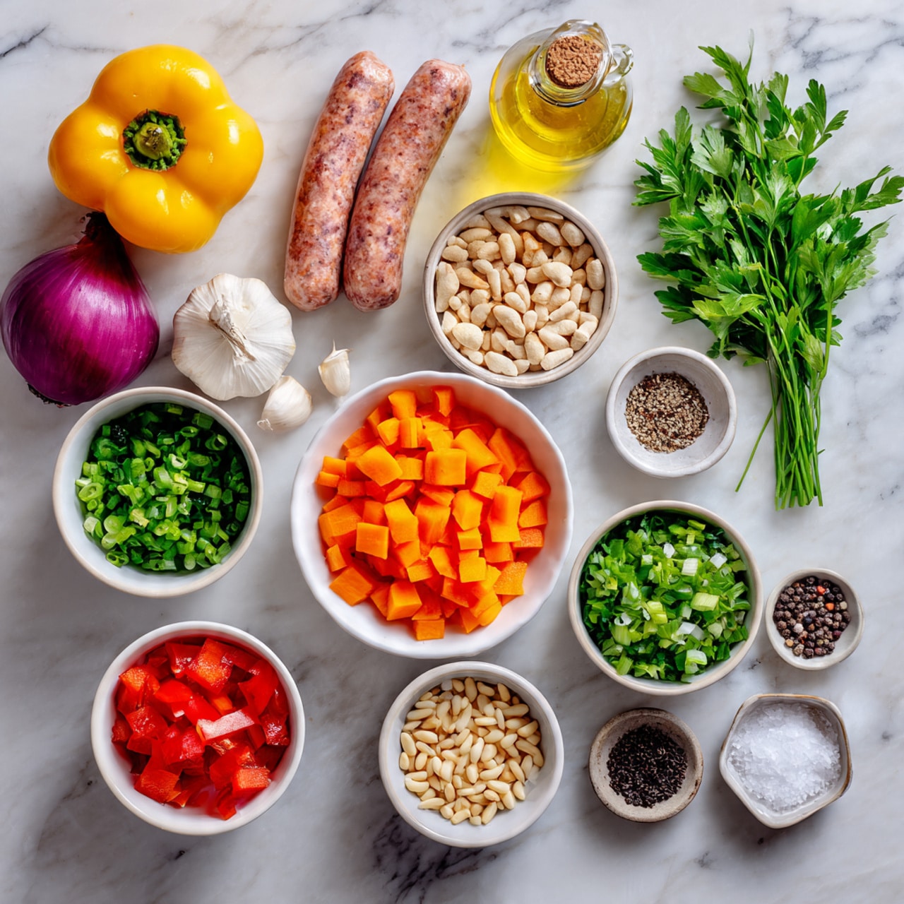 The image shows a white marbled surface with small white bowls and containers arranged neatly. In the center, there are two raw sausages placed next to a small bowl of bright orange sliced carrots. Around them are bowls filled with chopped green onions, diced red tomatoes, whole coriander seeds, white pine nuts, and a yellow bell pepper placed whole. A small purple onion and a peeled garlic bulb are also visible. Additionally, there is a small bottle of oil, a bunch of fresh green parsley, and three small containers holding black pepper, coarse salt, and pine nuts. Everything is arranged in a neat, clean style. photo taken with an iphone --ar 4:5 --v 7