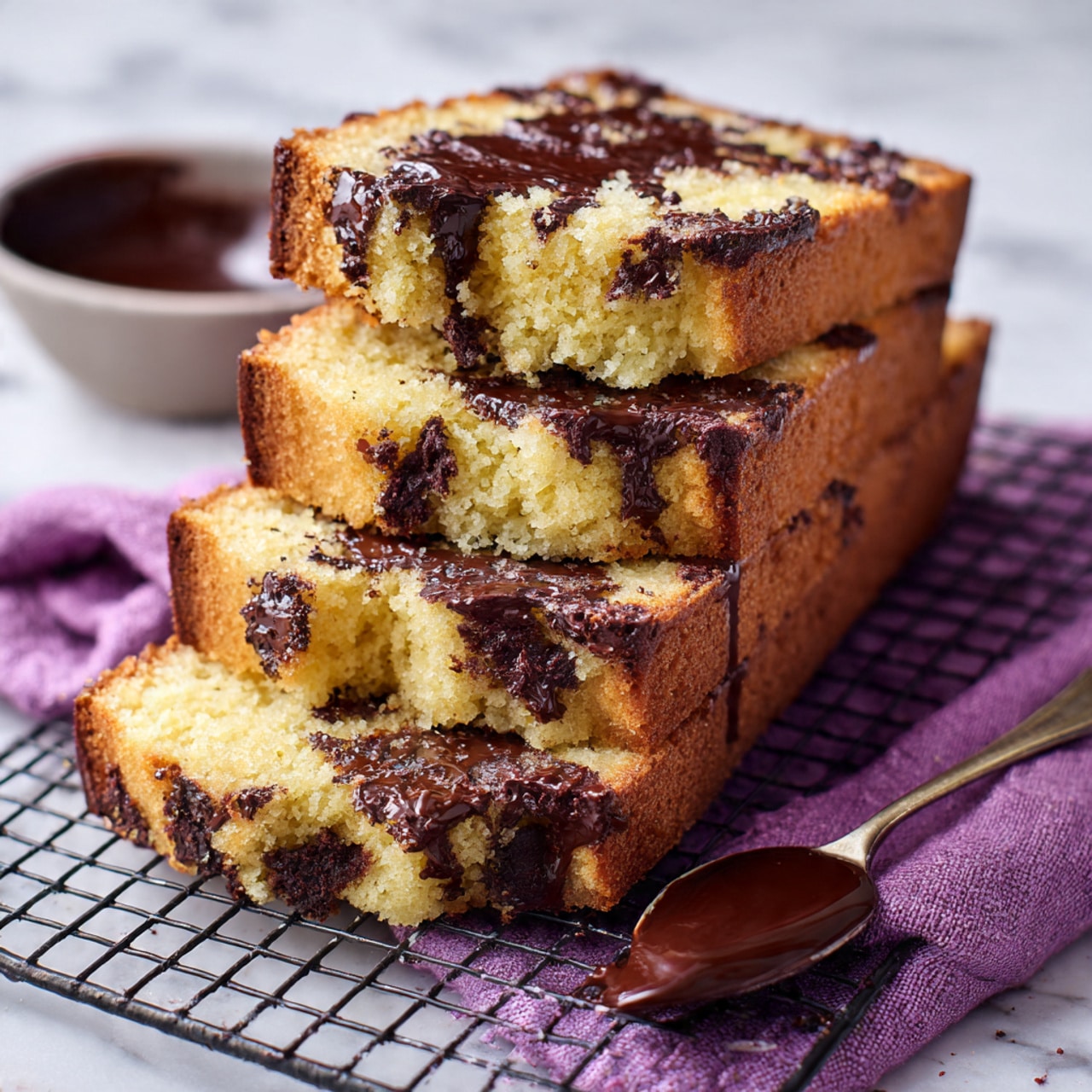Four slices of light yellow cake with many small dark chocolate chips inside are stacked on a cooling rack. The top three slices have shiny melted chocolate spread thickly on one side. The bottom slice is broken with a chunk missing, showing the soft, crumbly texture. A spoon with dark melted chocolate rests on the white marbled surface next to the rack, and a purple cloth is placed beside it. The photo is bright and clear, taken from above. photo taken with an iphone --ar 4:5 --v 7