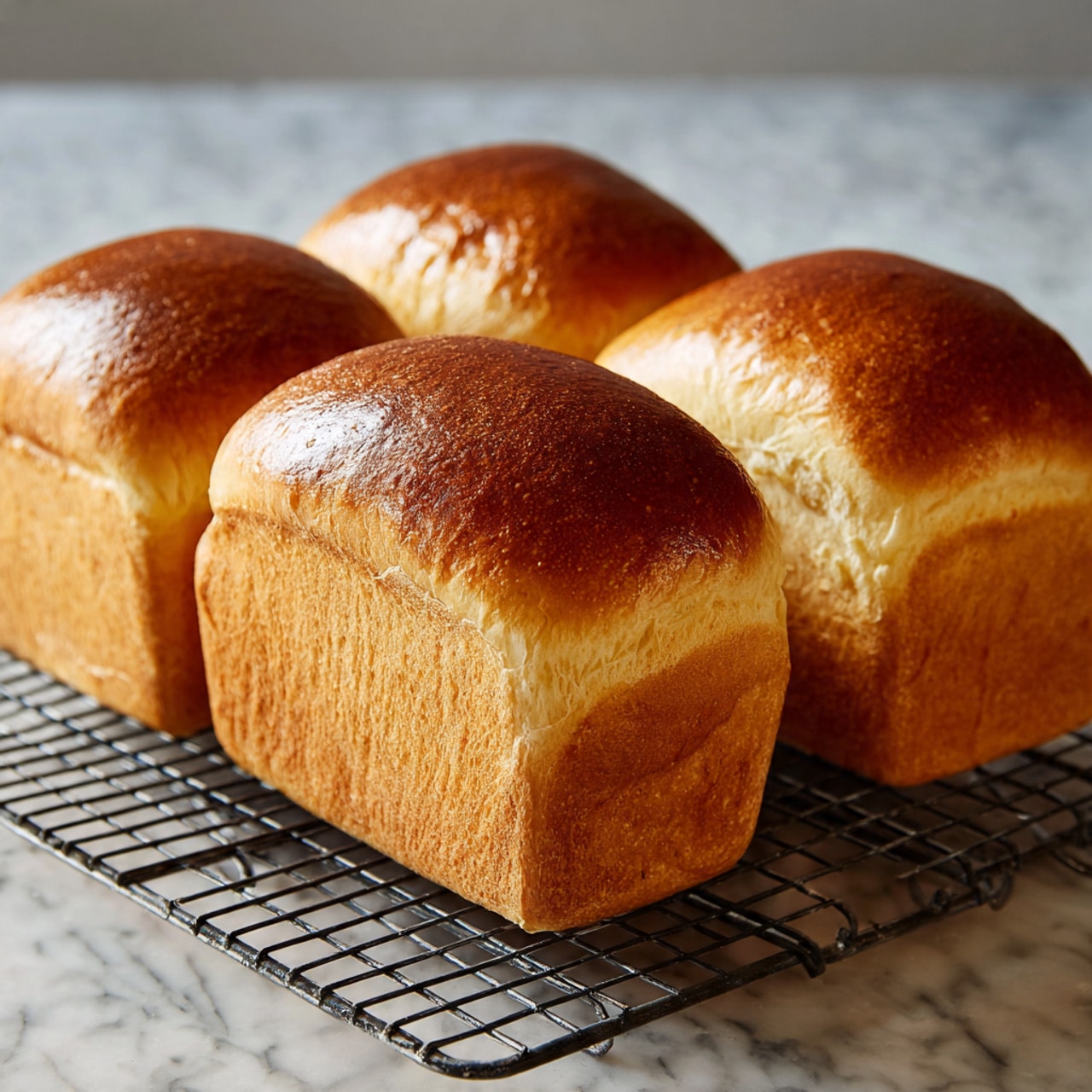 Three golden brown bread loaves with shiny, soft tops are placed side by side on a black cooling rack. Each loaf has a smooth, glossy surface and a slightly raised, rounded top with a light crust. The sides reveal a pale, soft white interior that contrasts with the warm brown crust. The cooling rack sits on a white marbled surface with subtle grey veins, giving a clean and bright background. The lighting highlights the bread’s fresh texture and warm color, making the loaves look freshly baked and inviting photo taken with an iphone --ar 4:5 --v 7