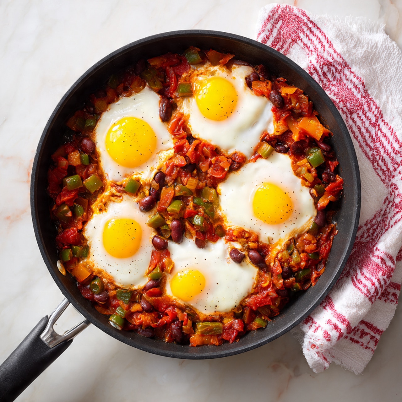 A black skillet filled with a colorful dish sits on a white marbled surface, showing five sunny yellow cooked eggs on top, each with soft whites around bright yolks. Below the eggs, layers of red and orange tomato sauce mixed with diced green bell peppers, onions, and brown beans create a rich, chunky texture. The skillet handle extends to the right with a white and red striped kitchen cloth placed nearby. Photo taken with an iphone --ar 4:5 --v 7