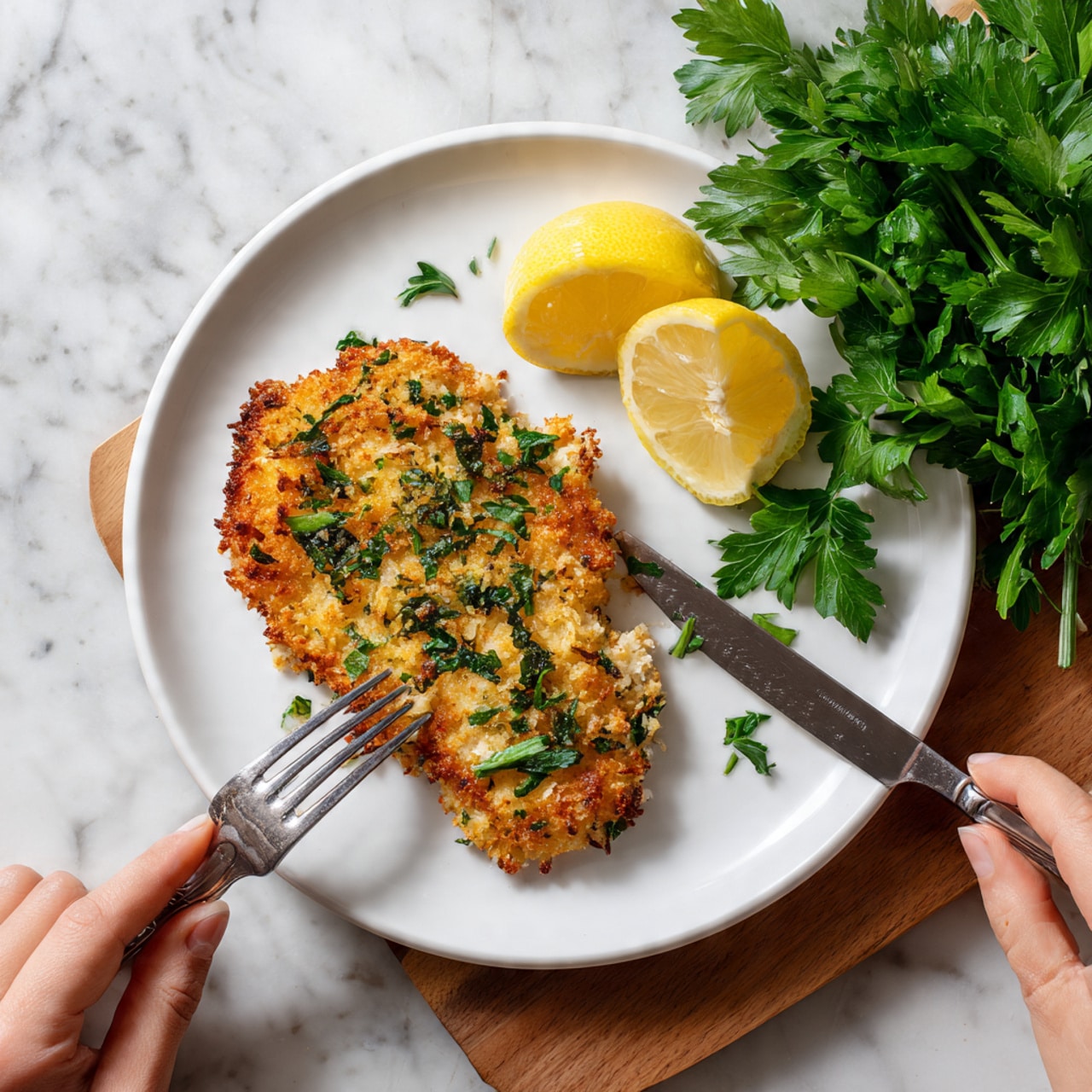 A white plate holds a single piece of breaded chicken covered in a golden brown breadcrumb layer with green herb bits sprinkled on top. To the right of the chicken are two lemon wedges with bright yellow skin and pale yellow inside. Behind the chicken is a bunch of fresh green parsley with broad leaves. A woman's hand is shown at the bottom, using a fork in the left hand and a knife in the right, slicing into the chicken. The plate rests on a white marbled background that contrasts with the natural wooden surface underneath. photo taken with an iphone --ar 4:5 --v 7