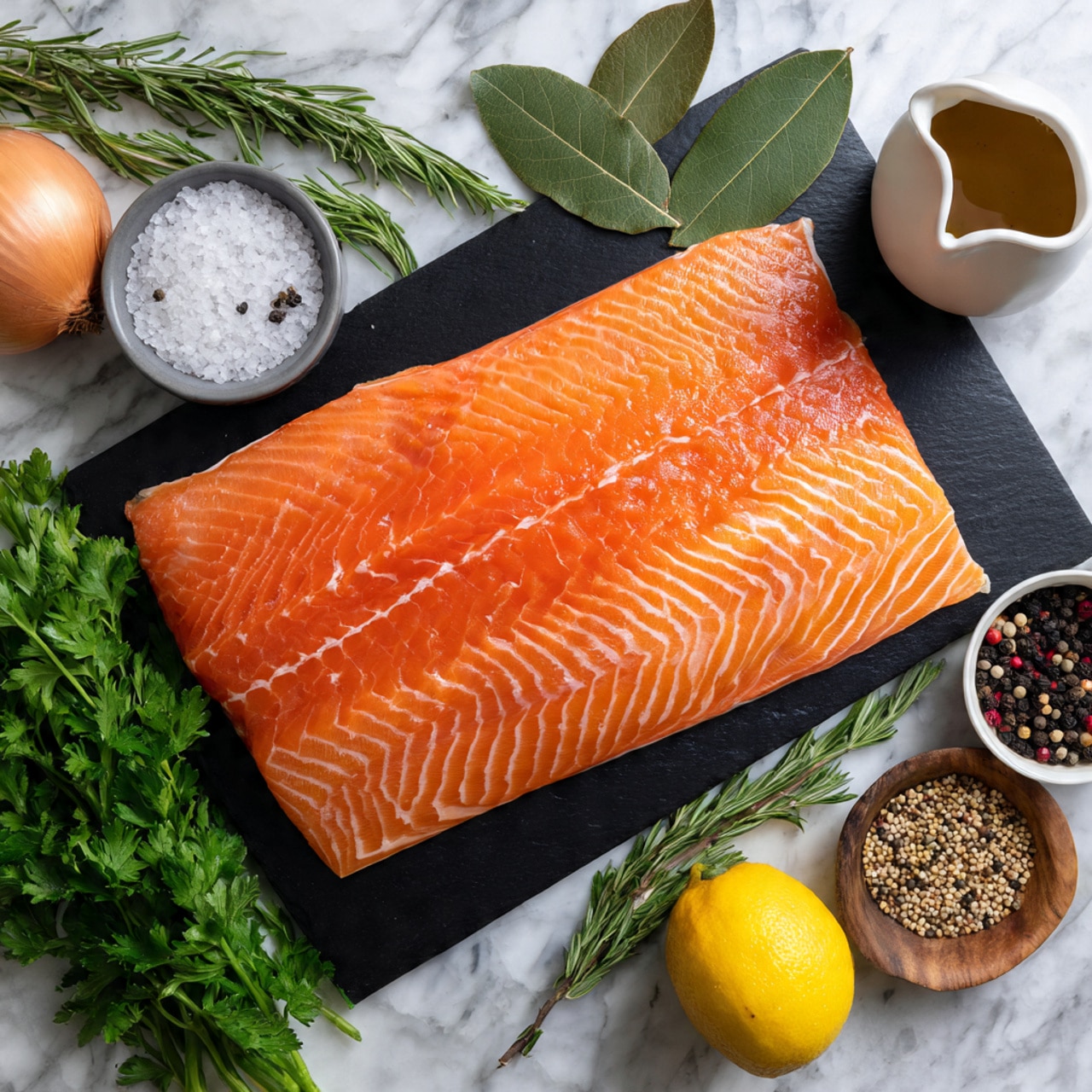 A large fresh raw salmon fillet with bright orange and white lines is placed on a black cutting board, which rests on a white marbled surface. Around the salmon, there are fresh green parsley and rosemary sprigs at the bottom left, a whole yellow lemon with some texture near the bottom, and a whole light brown onion on the bottom right. Near the top, two green bay leaves lie above the salmon. Small white bowls with mustard seeds and black peppercorns are placed on the right and left sides of the salmon. A small gray bowl with coarse salt and a wooden spoon inside sits at the top left, and a white ceramic pitcher with a light brown liquid is nearby on the right. Photo taken with an iphone --ar 4:5 --v 7