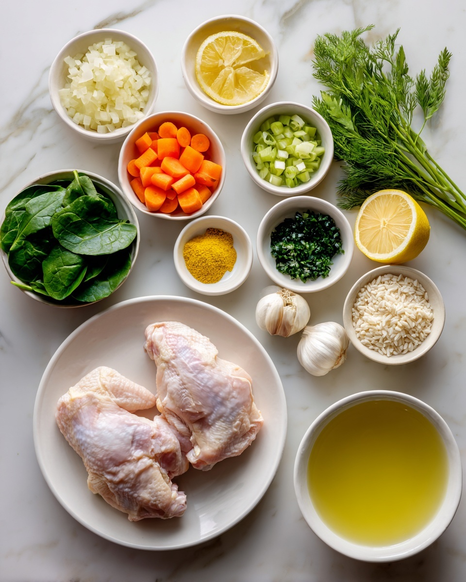 The image shows a white round plate in the center with two raw chicken pieces on it. Around the plate, there are small white bowls arranged in a circle on a white marbled surface, each containing different ingredients: bright green spinach leaves, orange sliced carrots, white chopped onions, green chopped celery, yellow lemon slices, minced garlic, fresh green dill, light yellow cooking oil, coarse salt, yellow turmeric powder, cooked white grains (possibly rice or orzo), fresh parsley, and a bulb of garlic. There is also a white bowl filled with light yellow broth at the bottom right. The colors are fresh and natural, and the image is bright and clean. photo taken with an iphone --ar 4:5 --v 7