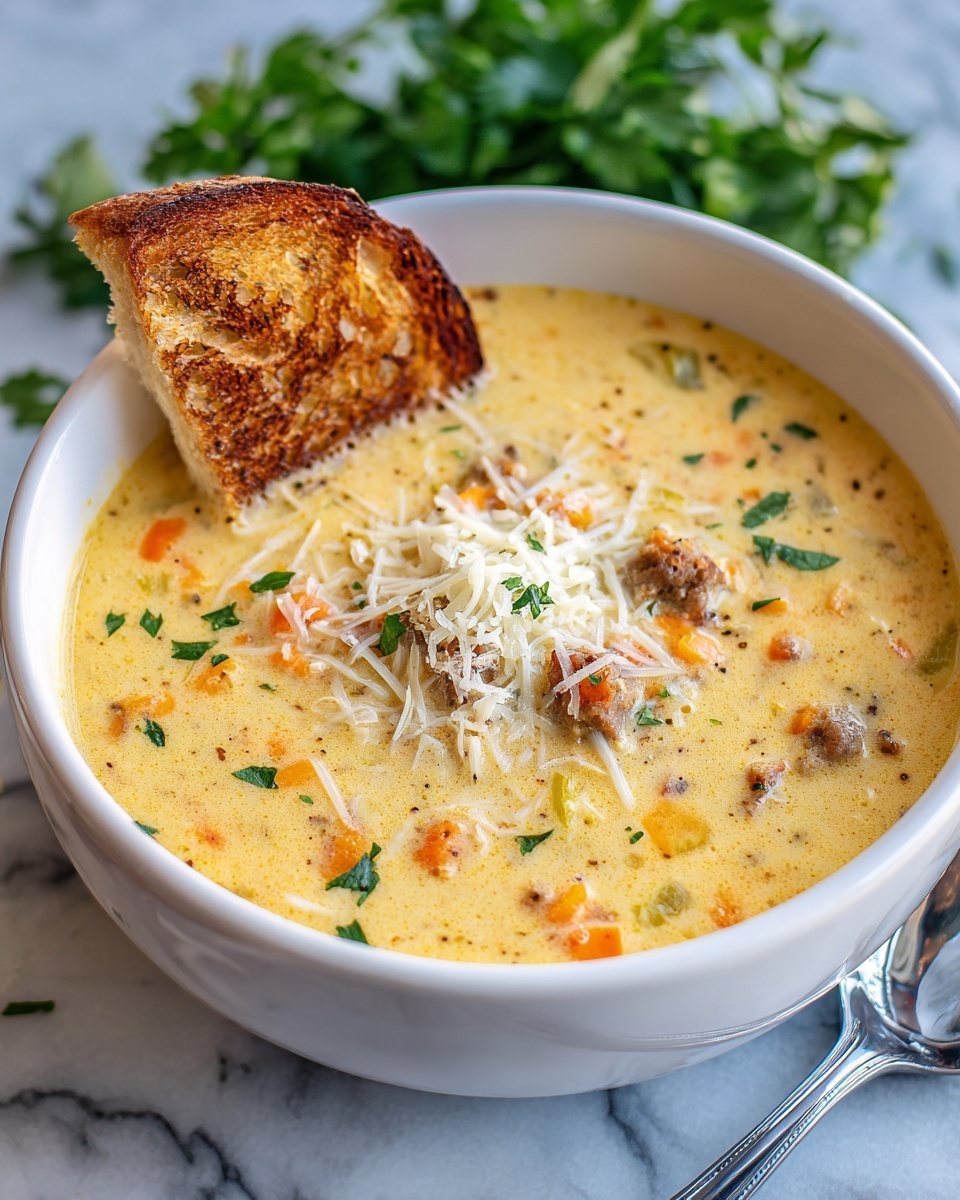 The image shows a white bowl filled with creamy yellow soup that has visible small orange carrots and bits of meat. The soup is topped with white shredded cheese sprinkled lightly over the top. A toasted bread slice with a crisp golden-brown crust rests on the side of the bowl. A silver spoon is partially dipped into the soup near the bottom right corner. The bowl sits on a white marbled surface with some green parsley leaves in the background. Photo taken with an iphone --ar 4:5 --v 7