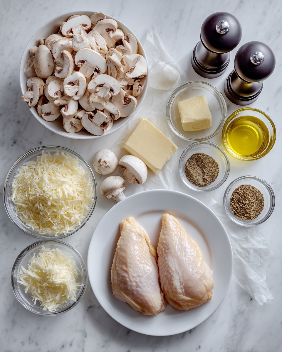The image shows a white plate with two raw chicken pieces placed side by side in the center. Above the plate, there is a white bowl filled with sliced mushrooms. Surrounding the plate are several small glass bowls and containers holding various ingredients: grated white cheese, a small square of butter, a clear glass with a yellow liquid, a glass of oil, and a bowl with a pale yellow sauce or liquid. To the right, two black spice grinders stand next to small glass bowls containing ground spices. The scene is set on a white marbled surface. Photo taken with an iphone --ar 4:5 --v 7
