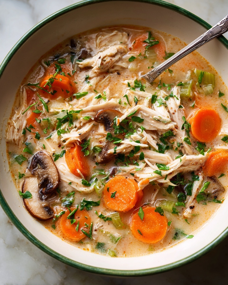 A close-up of a thick soup served in a white bowl with a green rim, showing a creamy light brown broth filled with shredded chicken pieces, large orange carrot slices, thin celery pieces, and sliced brown mushrooms; the soup is sprinkled with chopped green herbs throughout, and there is a silver spoon resting inside the bowl. The scene has a white marbled texture surface in the background. photo taken with an iphone --ar 4:5 --v 7