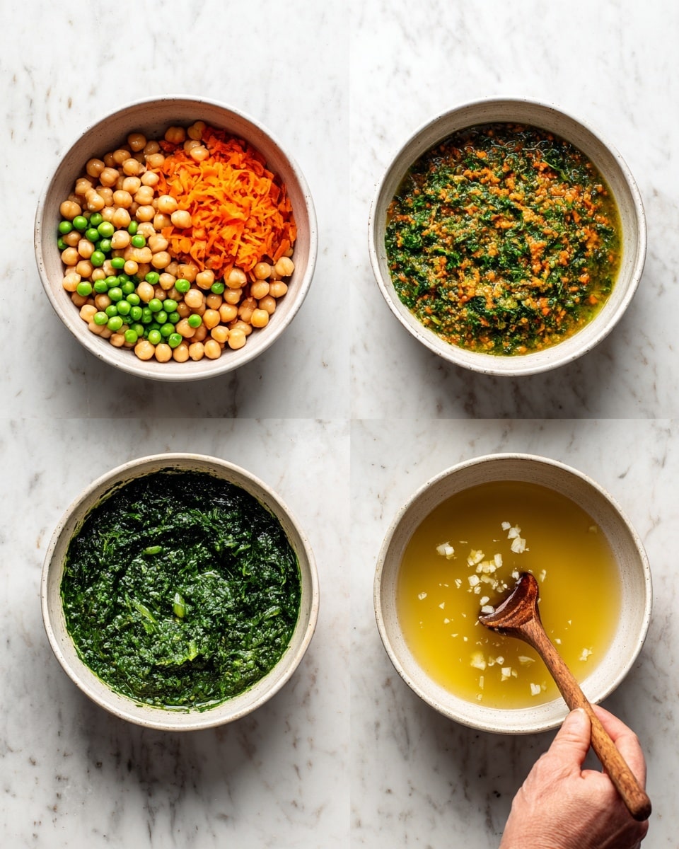 The image shows a step-by-step preparation of a dish in three white bowls. The first bowl has three sections with light brown chickpeas, green peas, and orange sliced carrots on a white marbled surface. The second image shows two white bowls, one with a mix of cooked peas, carrots, chickpeas, and herbs with a green and orange color texture, and the other with a light yellow broth with small white pieces placed on a white marbled background. The third part shows a white bowl filled with dark green mashed spinach and another bowl where the spinach mix is combined with the broth, chickpeas, and vegetables, with a woman's hand holding a wooden spoon stirring the mixture. Photo taken with an iphone --ar 4:5 --v 7