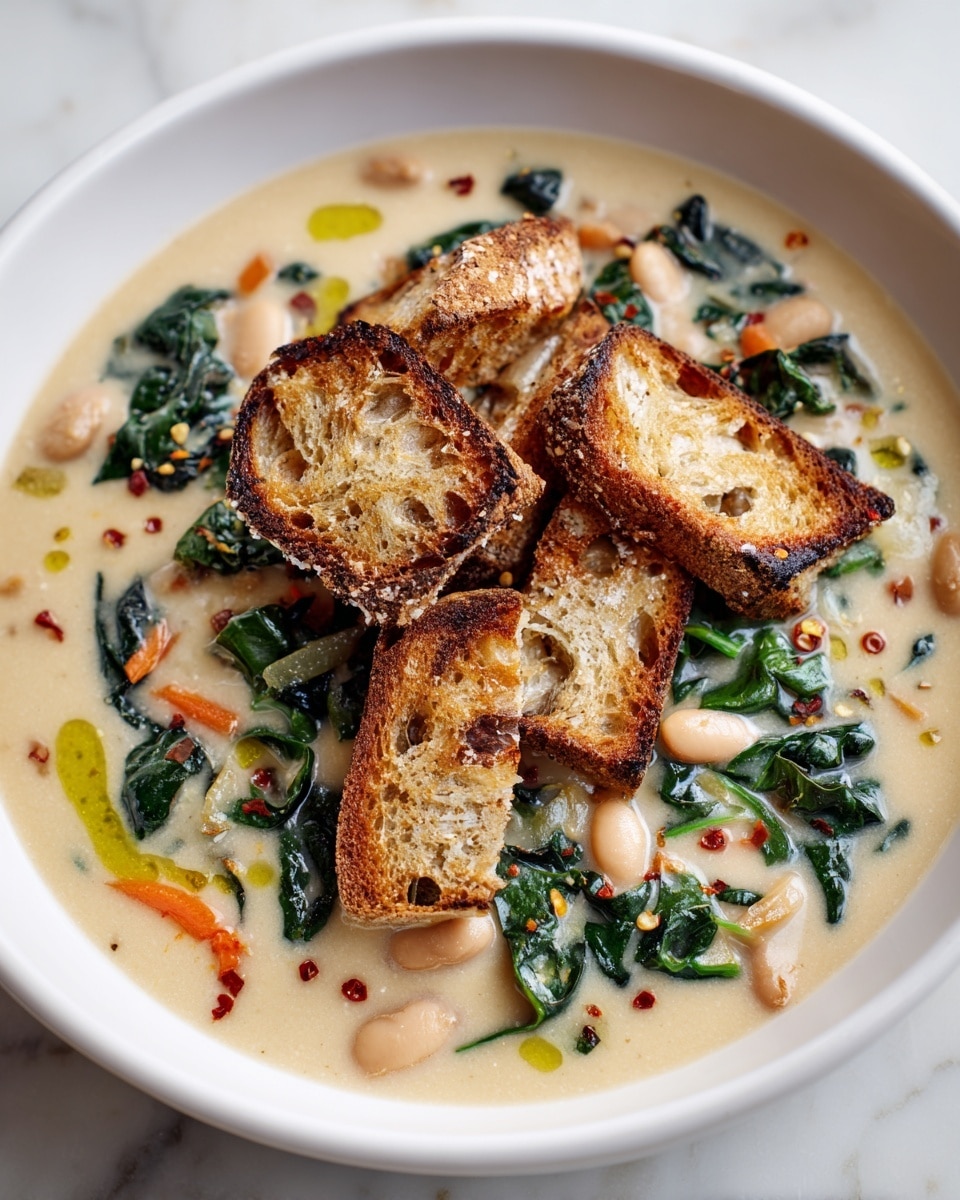 A white round bowl filled with creamy soup that has a pale beige color with visible white beans, dark green leafy vegetables, and small bits of orange carrot scattered throughout. On top of the soup, there is a pile of several pieces of toasted bread with a light golden-brown crust and a rough texture, some pieces showing soft white inside. There are small green oil droplets and red chili flakes sprinkled on the soup's surface. The bowl is placed on a white marbled surface. Photo taken with an iphone --ar 4:5 --v 7
