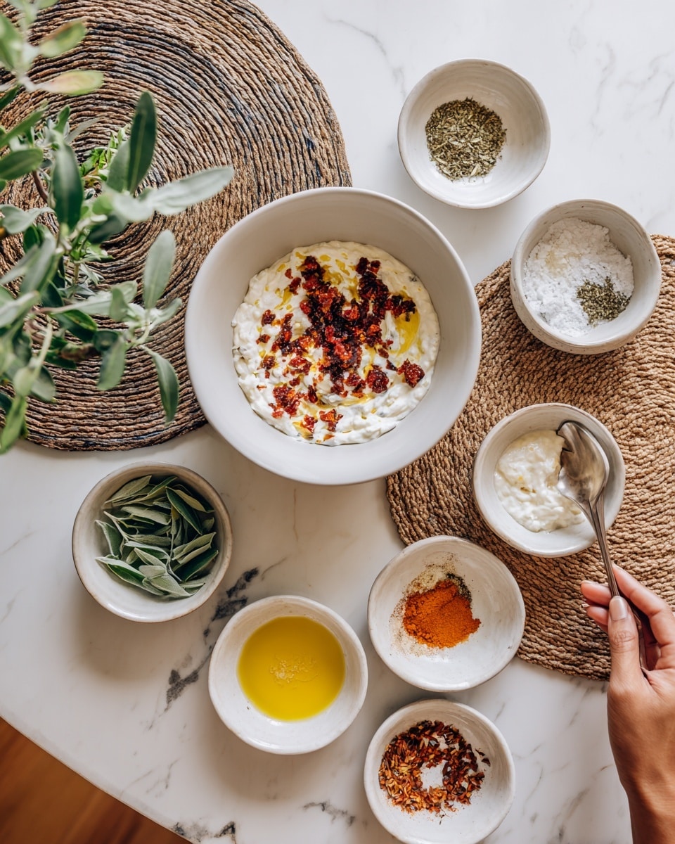The image shows several small white bowls arranged on a white marbled surface. One large white bowl contains a white, creamy mixture with bits of reddish pieces on top. Surrounding it are smaller white bowls containing different ingredients: one has bright yellow oil, another has a white powder, one holds fresh green leaves, one has small white granules, and another contains a mix of orange and brown spices. There is also a small bowl with a white creamy substance and one with small reddish dried pieces. A woman's hand is gently holding a spoon resting on the surface near a bowl of spices. A woven mat lies beneath the large bowl, adding texture to the setting. Photo taken with an iphone --ar 4:5 --v 7