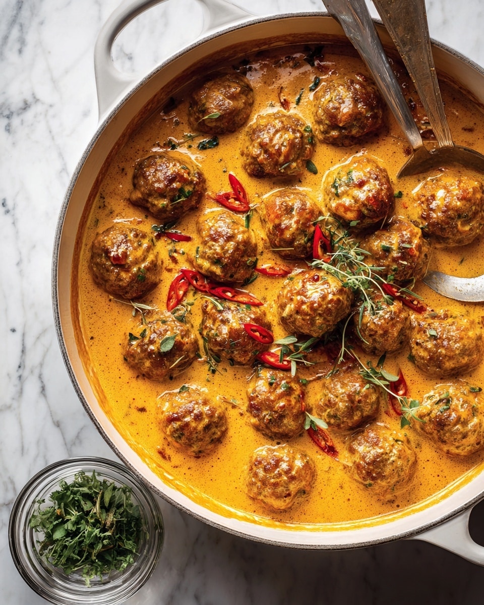 A large white pot filled with round golden-brown meatballs covered in thick creamy orange sauce, speckled with small green herb leaves and thin red chili pieces scattered on top. Beside the pot, a small glass bowl holds chopped fresh green herbs. The pot is placed on a white marbled surface. photo taken with an iphone --ar 4:5 --v 7