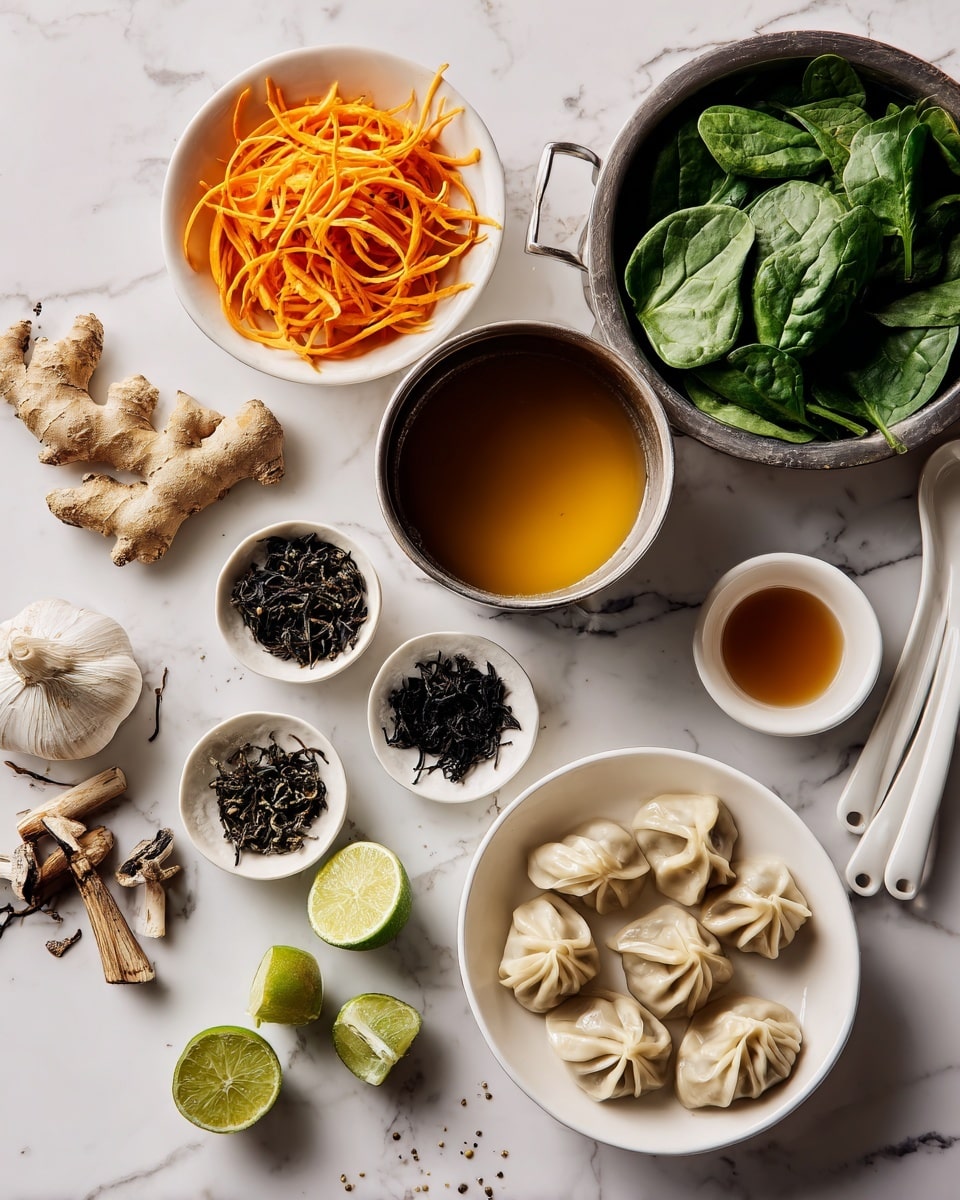 The image shows a cooking scene on a white marbled surface with various ingredients arranged neatly. In the top left, there is a white bowl filled with thin orange carrot strips, next to fresh ginger root. Below it are raw mushroom pieces scattered around. In the center, there are small white bowls containing dark dried tea leaves, a dark brown sauce, and a light golden broth. There is also a silver pot on the right side filled with fresh green spinach leaves. At the bottom right, a white bowl holds several raw dumplings with pleated edges. Several limes and a couple of white utensils are also visible in the scene. Photo taken with an iphone --ar 4:5 --v 7