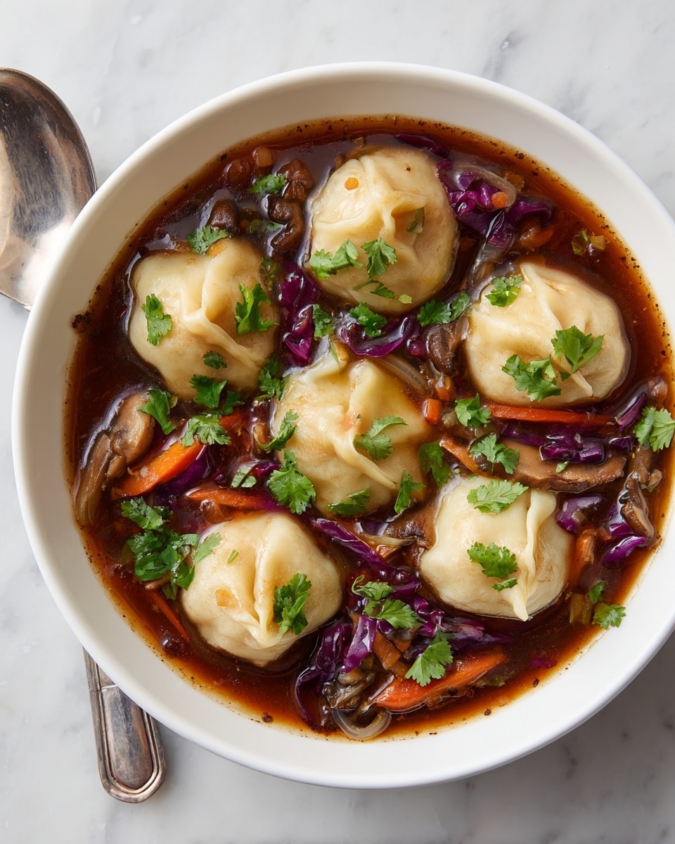 A white bowl filled with a dark brown broth that has visible pieces of cooked vegetables like mushrooms, onions, and purple cabbage floating inside. On top of the broth, there are seven round dumplings with a light tan color and soft texture, each dumpling decorated with small fresh green cilantro leaves scattered around. The bowl is placed on a white marbled surface, with a silver spoon resting to the left of the bowl. photo taken with an iphone --ar 4:5 --v 7