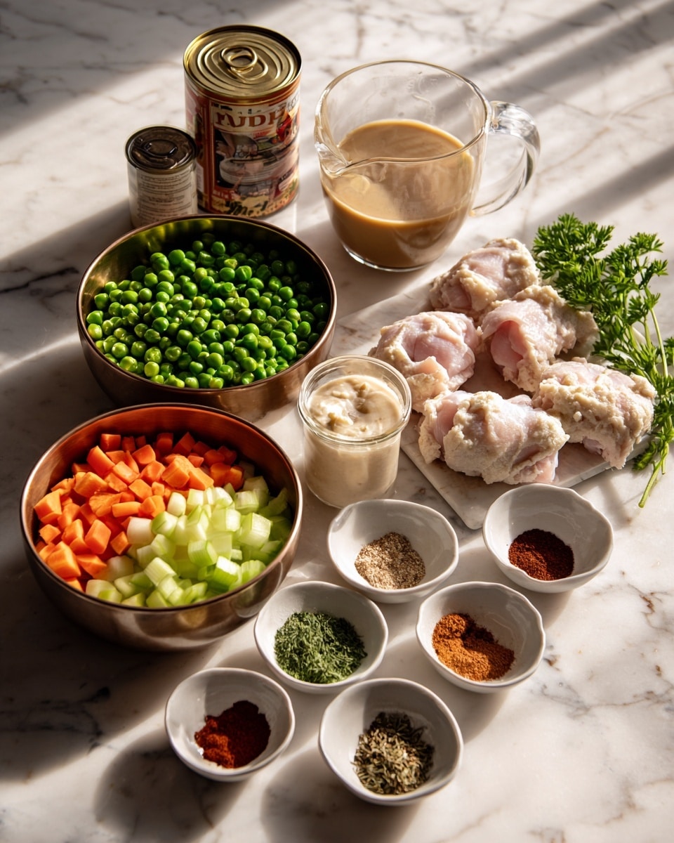 The image shows ingredients for a meal arranged on a white marbled surface near a window with sunlight. There are two metal bowls, one filled with green peas and corn, and the other with chopped celery and carrots. Close by, there is a can of soup, a container of biscuit dough, and a glass pitcher filled with light brown liquid. Three raw pieces of chicken sit next to a bowl of creamy mixture and a small bowl of green herbs. Nearby, three small white bowls hold different spices in brown, red, and green shades. Fresh parsley lies between the bowls and the chicken, adding a touch of color. The scene is bright and clean, showing all ingredients clearly. Photo taken with an iphone --ar 4:5 --v 7