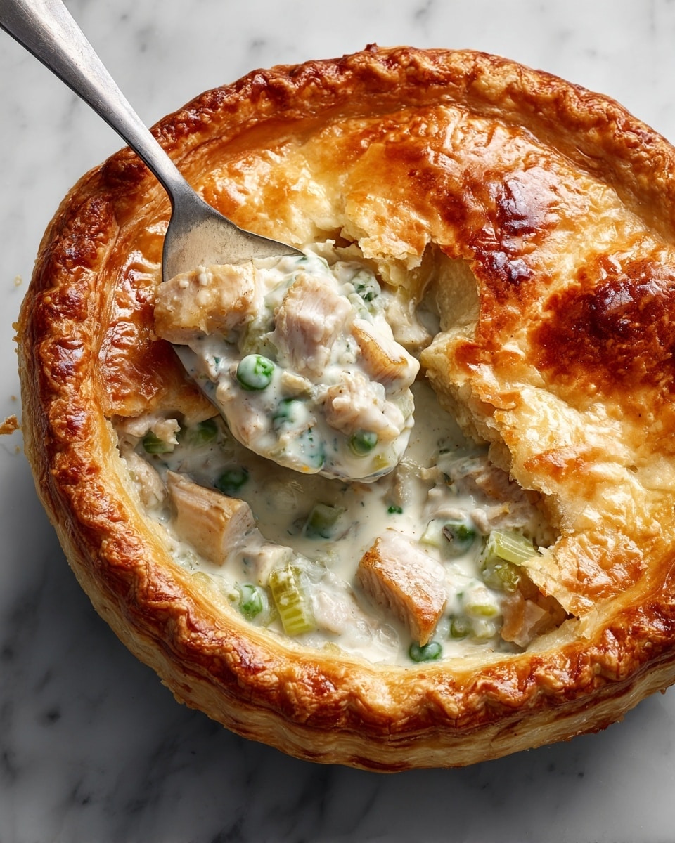 The image shows a golden-brown pie with a flaky, shiny crust on top. A spoon is scooping out the creamy filling, which is white with pieces of light green vegetables and chunks of soft, light-colored meat mixed inside. The pie crust has a textured, baked look with slight browning near the edges. The pie is placed on a white marbled surface. Photo taken with an iphone --ar 4:5 --v 7