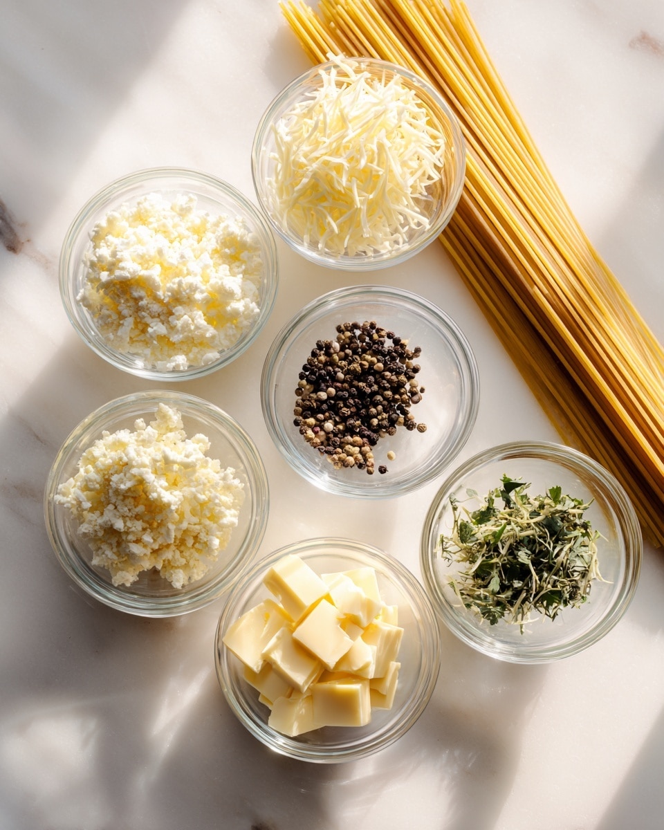 A white marbled surface holds six clear glass bowls arranged in two rows. The top row has three bowls containing finely crumbled white cheese, shredded pale yellow cheese, and a cluster of black peppercorns. The bottom row holds chopped green herbs, small chunks of pale yellow butter, and a pile of long, straight, uncooked spaghetti strands lying flat across the surface beneath the bowls. The scene is bright with soft natural light. Photo taken with an iphone --ar 4:5 --v 7