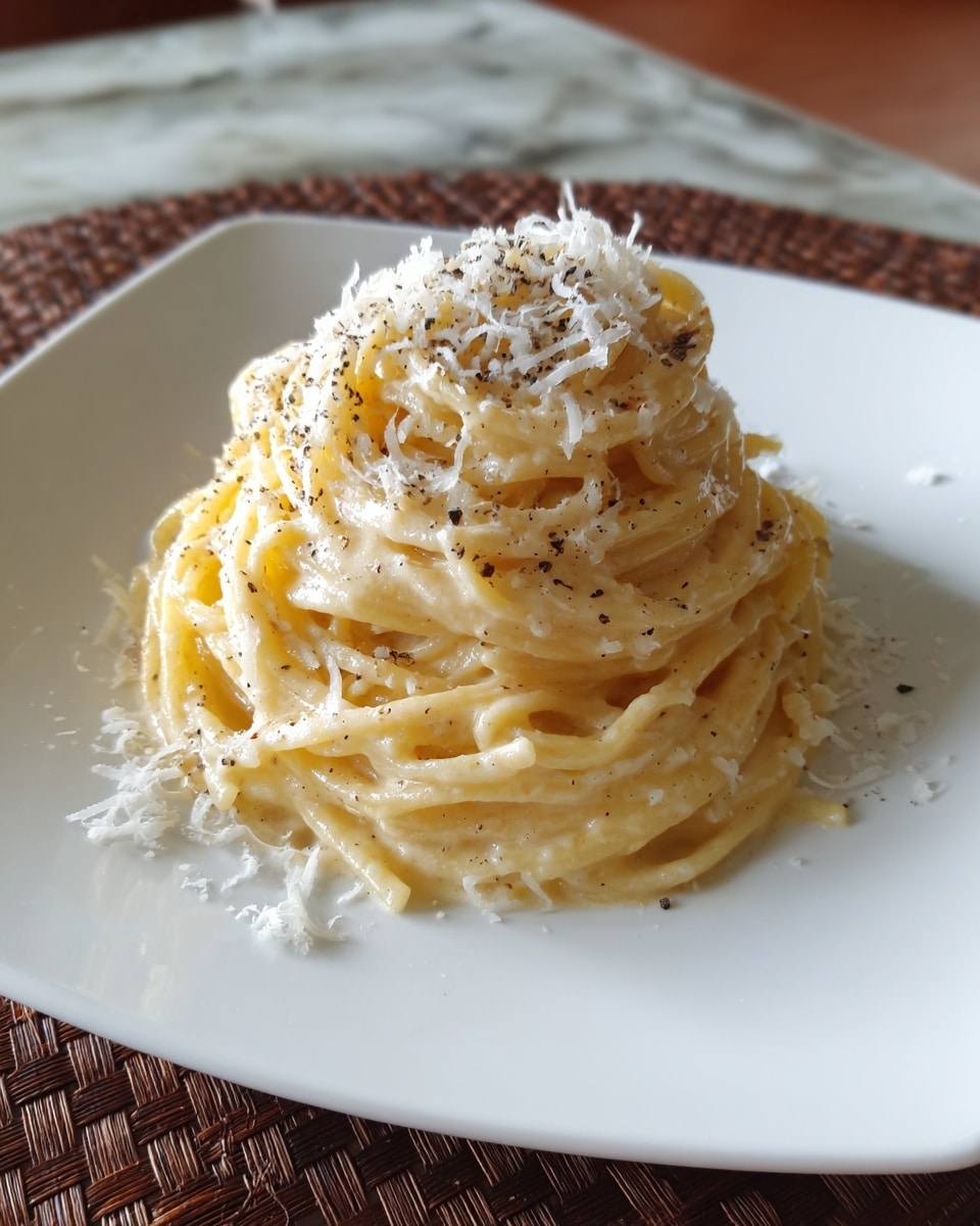 The image shows a plate of creamy pasta placed on a white, square-shaped plate with rounded edges, set on a brown woven texture surface. The pasta is arranged in a neat mound with a smooth, light yellow creamy sauce coating the noodles. On top, there is a sprinkling of finely grated white cheese and some cracked black pepper, adding texture and small dark specks. The scene uses a white marbled texture background. photo taken with an iphone --ar 4:5 --v 7