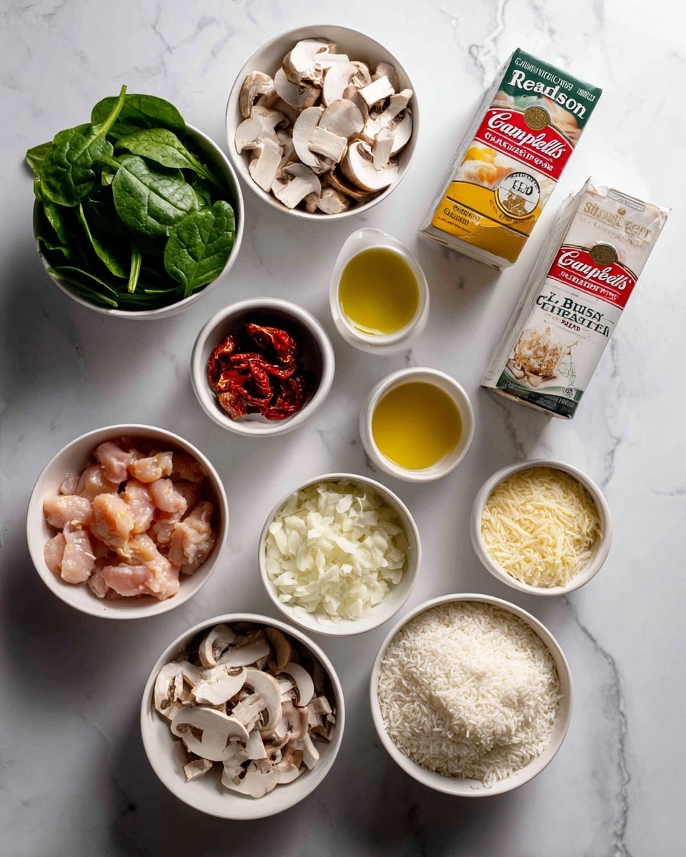 The image shows a set of ingredients arranged neatly on a white marbled surface. There are nine white bowls in total, each holding different items: fresh green spinach leaves in one, sliced white mushrooms in another, small pieces of raw pink chicken in one bowl, and a bowl filled with uncooked white rice. Surrounding these are smaller white bowls containing chopped onions, a small pile of reddish sun-dried tomatoes, grated cheese, and a dollop of butter. Next to these bowls, there is a small container of light yellow olive oil and a carton of Campbell's Real Stock placed upright. The overall presentation is clean and organized, with all ingredients clearly visible. Photo taken with an iphone --ar 4:5 --v 7
