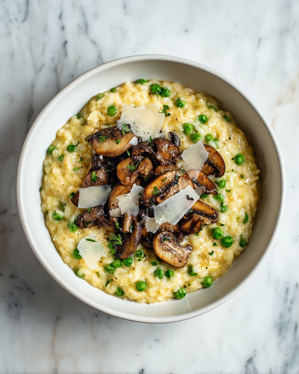 A bowl of creamy risotto with a light yellow color mixed with small green peas around the edges. On top, there is a layer of cooked mushrooms that are brown and slightly shiny, placed in the center, forming a small pile. Scattered over the mushrooms are thin, uneven pieces of white cheese. The bowl is white and sits on a white marbled surface. Photo taken with an iphone --ar 4:5 --v 7