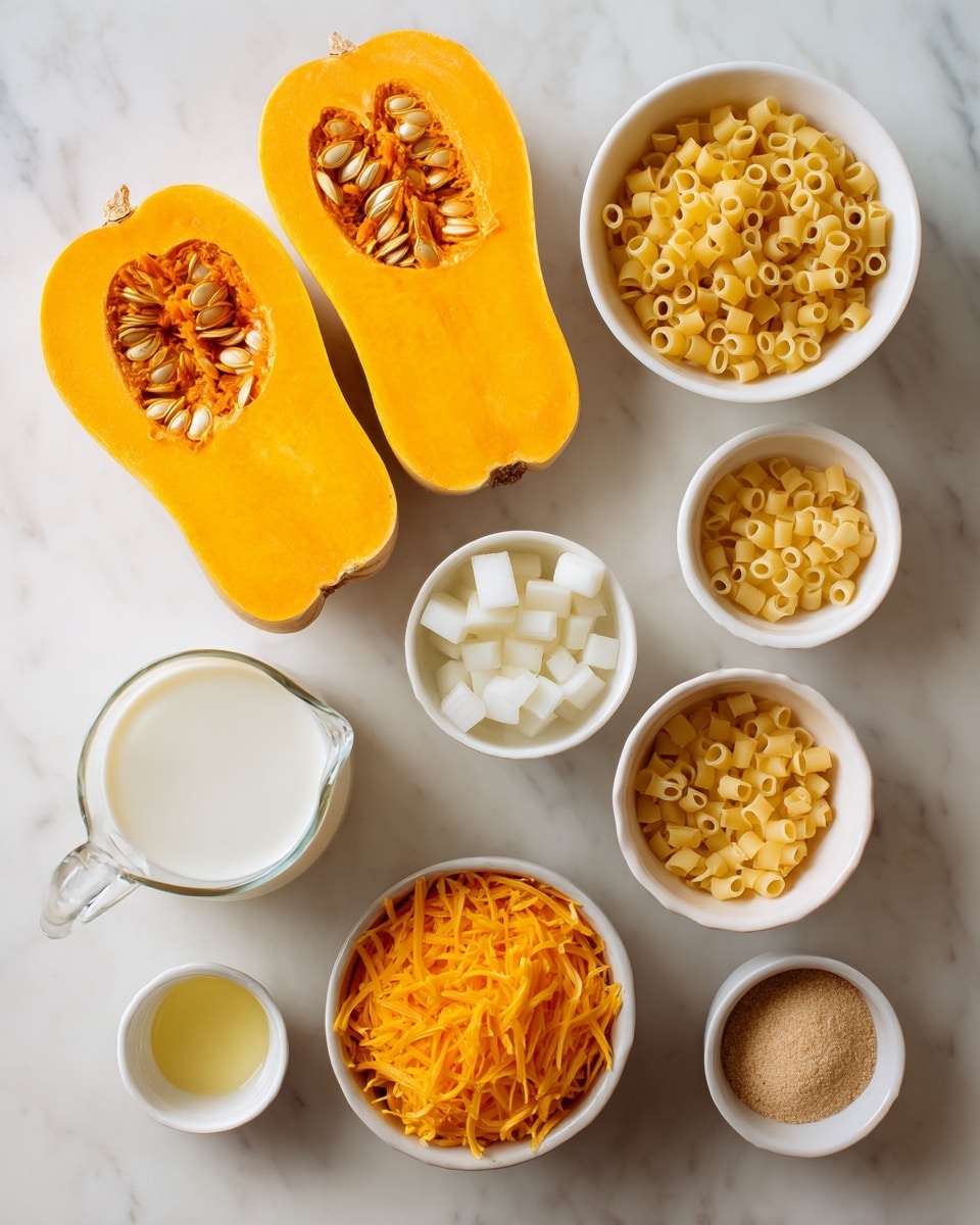 The image shows a white marble surface with ingredients neatly arranged. Two halves of a yellow butternut squash are at the top left, showing the seeds inside. To the right, there is a white bowl filled with small yellow pasta pieces. Below the squash are three small white bowls: one with white cubes, one with finely chopped onions, and one with a light yellow liquid. On the lower left, there is a glass pitcher of milk. Next to it, a white bowl is full of shredded orange cheese, and another white bowl contains a light brown powder. The colors are warm and natural. Photo taken with an iphone --ar 4:5 --v 7