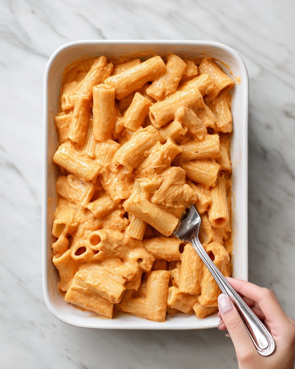 The image shows a close-up of a rectangular white dish filled with rigatoni pasta covered in a creamy orange sauce. The rigatoni are thick and short tubes, each piece coated evenly by the sauce, giving the dish a smooth, slightly shiny texture. A silver fork is partially inside the dish, with some pasta wrapped around its tines, held by a woman's hand that is seen partly from above. The dish is placed on a white marbled surface. photo taken with an iphone --ar 4:5 --v 7