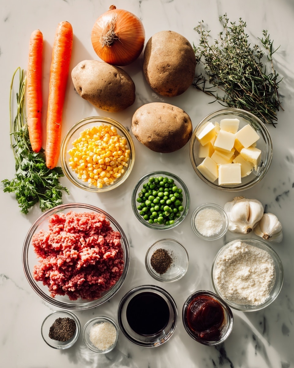 The image shows raw ingredients for a meal arranged neatly on a white marbled surface. There are four large brown potatoes placed near the top center, with two orange carrots on the left and an onion in the top left corner. Fresh green herbs like parsley, thyme, and rosemary are laid out in bunches on the top right. Several clear glass bowls contain different ingredients: yellow corn kernels, white grated cheese, butter cubes, green peas, dark red tomato paste, dark soy sauce, clear vinegar, and a small bowl of black pepper. A larger clear bowl holds pinkish-red ground meat, near the bottom left. Garlic cloves and flour are in smaller glass containers nearby as well. The whole setup looks fresh, colorful, and organized for cooking. photo taken with an iphone --ar 4:5 --v 7