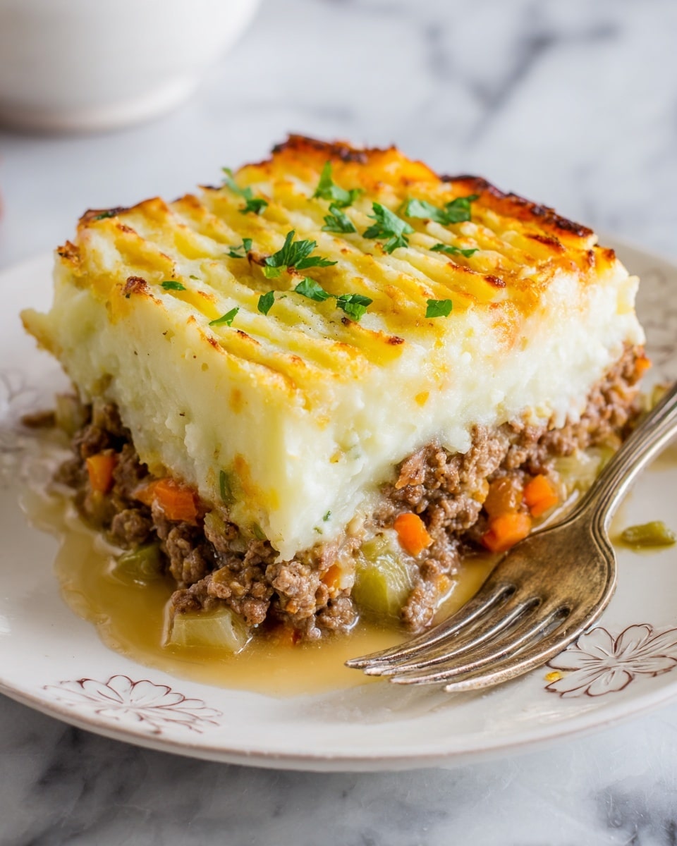 The image shows a slice of layered shepherd's pie on a white plate with a flower design. The bottom layer is soft ground meat mixed with small pieces of orange carrot and translucent bits of onion or celery. Above this is a thick layer of creamy mashed potatoes with a lightly golden brown, slightly textured top that shows fork marks in parallel lines. Some juice from the meat layer has spread onto the plate. The background is a white marbled surface. photo taken with an iphone --ar 4:5 --v 7