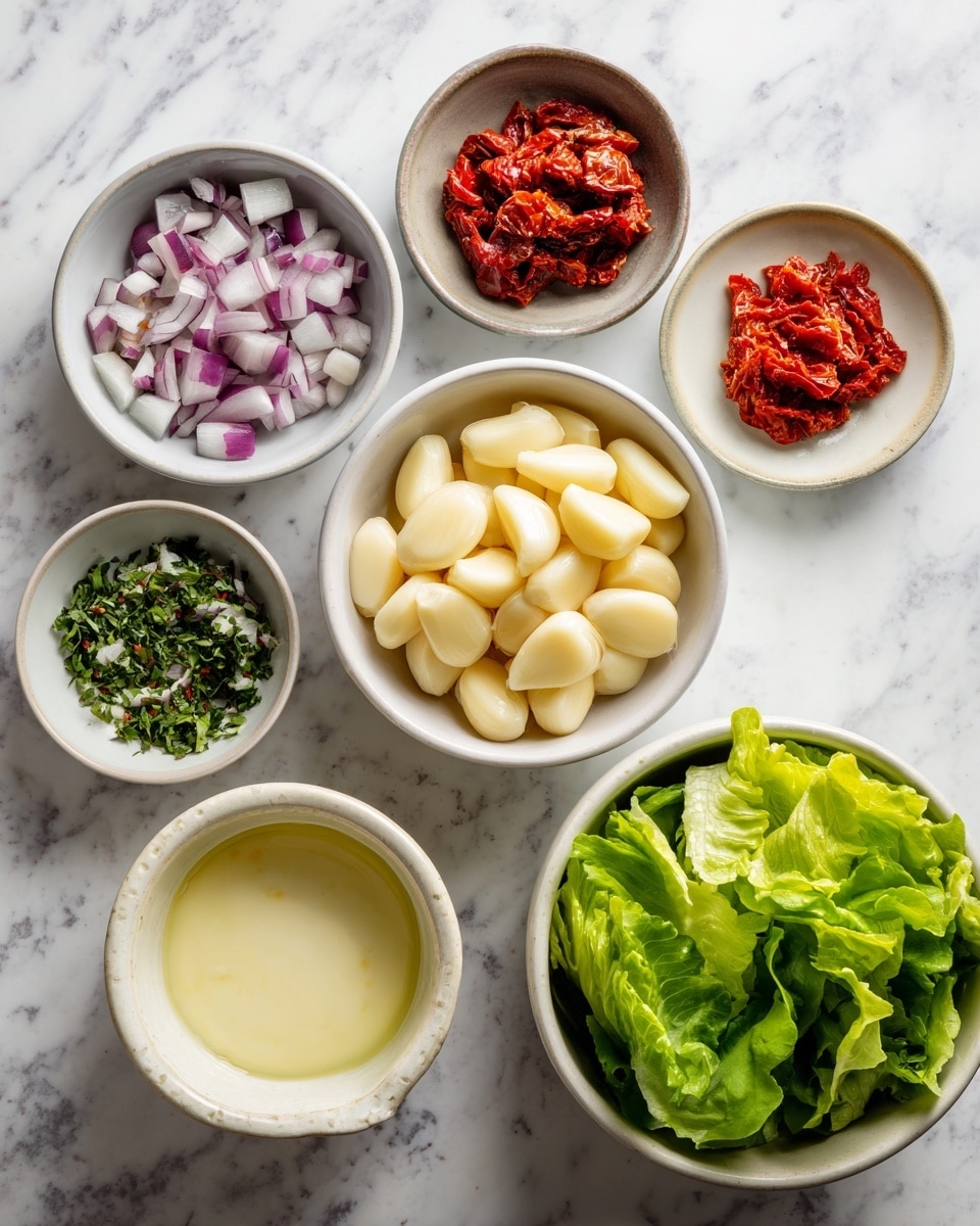 The image shows several small white bowls arranged on a white marbled surface, each filled with different ingredients. In the center is a bowl filled with peeled garlic cloves, a light creamy color and smooth texture. Surrounding it are smaller bowls: one with chopped red onions, purple and white in color; one with bright green chopped herbs; one with diced red sun-dried tomatoes; another with a thick, white creamy sauce; and a bowl of light yellow liquid, likely broth or oil, with a small spout. There is also a bowl filled with fresh green leafy lettuce arranged loosely. Each bowl is clean with a simple design, and the ingredients appear fresh and ready for cooking. photo taken with an iphone --ar 4:5 --v 7