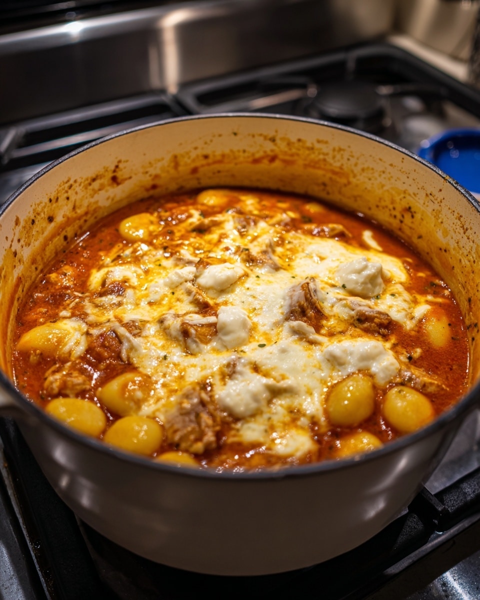 The image shows a medium pot filled with a dish consisting of three visible layers. The bottom layer appears to be small, round gnocchi with a smooth texture, light yellow in color, partially submerged in a thick, bright orange-red tomato sauce covering the middle layer. The top layer includes melted white cheese unevenly spread over the tomato sauce, with some areas showing the sauce beneath. There are pieces of cooked chicken mixed in, coated with the sauce. The pot is sitting on a stove, and some sauce splatters are visible on the pot’s inner sides. The photo taken with an iphone --ar 4:5 --v 7