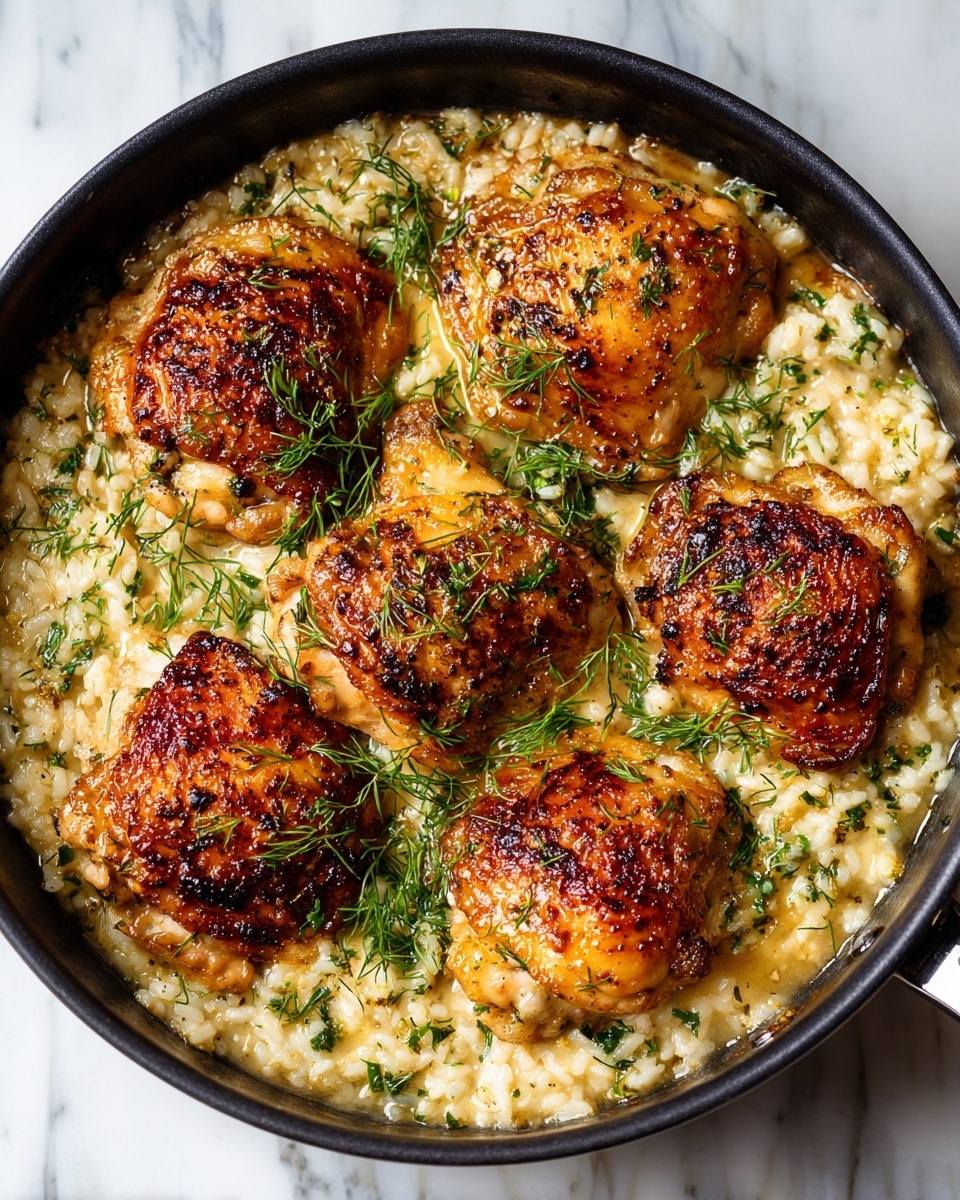 The image shows four crispy, golden-brown chicken thighs arranged in a black skillet. Underneath the chicken, there is a layer of creamy risotto with a light beige color mixed with green herbs, likely dill, scattered on top and around the risotto. The chicken sits evenly spaced in a circular shape, and the dish looks rich and inviting. The background is a white marbled surface to enhance the colors of the food. photo taken with an iphone --ar 4:5 --v 7