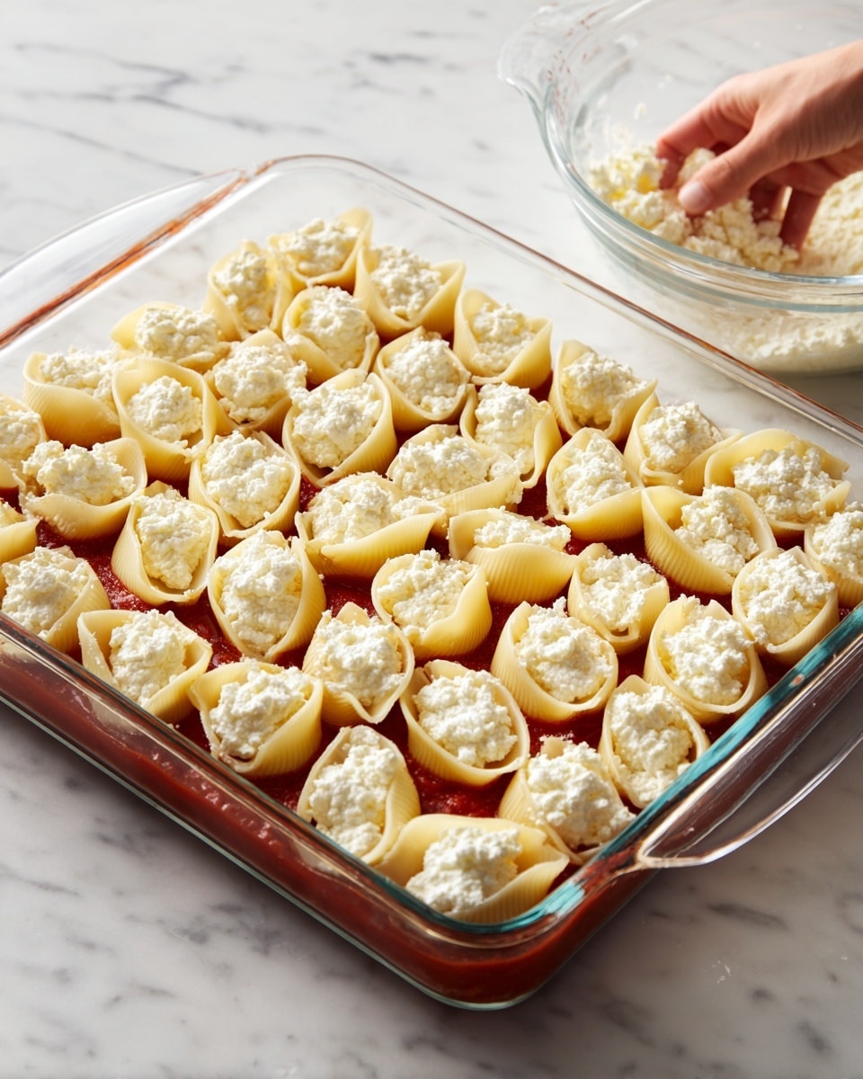 The image shows a clear glass baking dish filled with small pasta shells arranged in tidy rows, each shell holding a white, creamy filling with a slightly rough texture. The base layer beneath the shells is a smooth, rich red sauce that peeks through the spaces around the shells. The dish is placed on a white marbled surface, and a clear glass measuring cup is partially visible in the background. A woman's hand is reaching towards the dish from the right side. Photo taken with an iphone --ar 4:5 --v 7