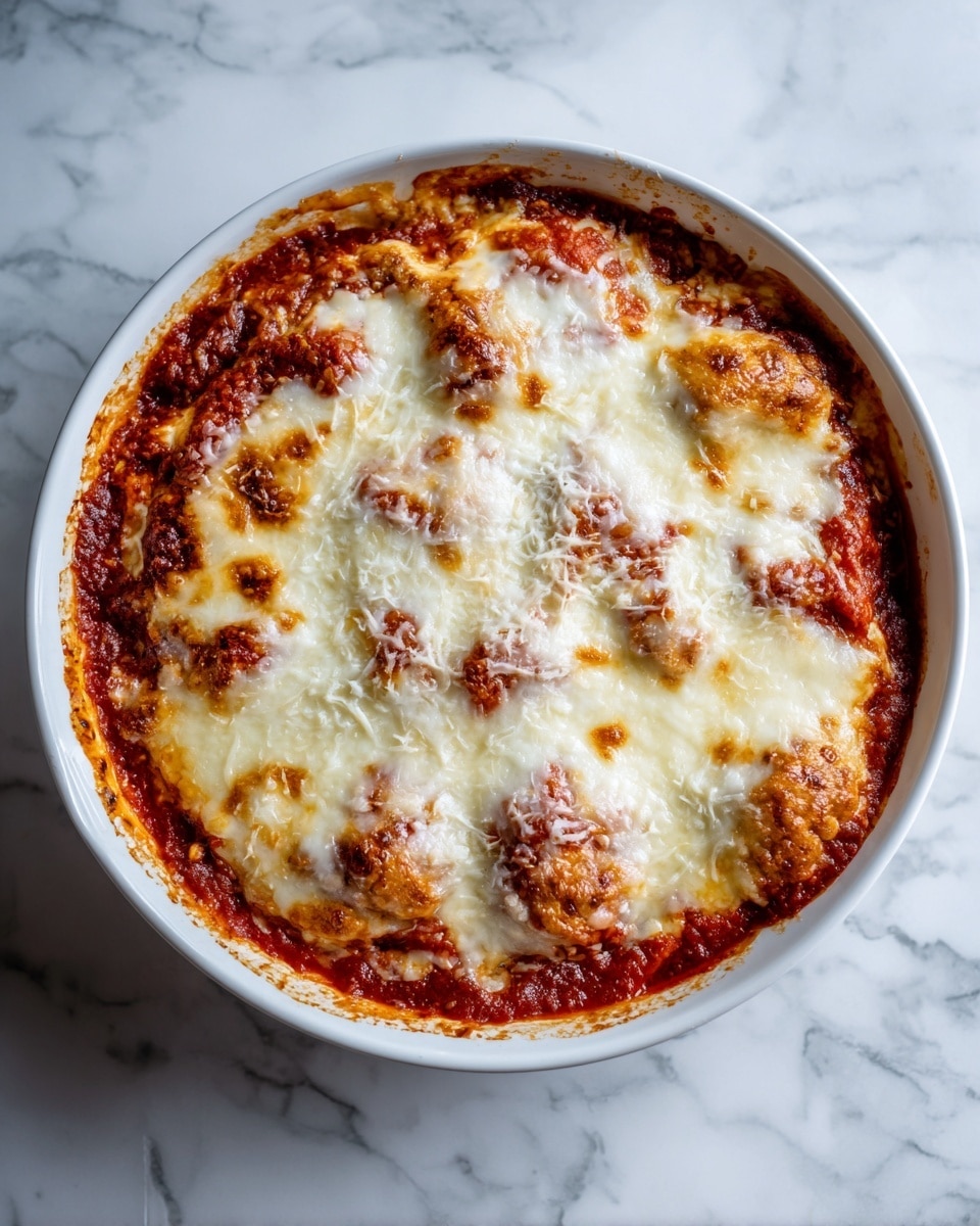 The image shows a deep dish pizza in a white round pan filled with multiple layers of melted cheese and tomato sauce. The top layer is golden-brown with bubbly melted cheese spread unevenly, revealing patches of rich red tomato sauce beneath. The crust edges are visible around the pan, slightly browned and thick. The cheese has a smooth, stretchy texture with some browned spots, and the tomato sauce looks thick and rich, mostly covered but peeking through in places. The pizza is well-cooked and fresh-looking, sitting on a white marbled surface. photo taken with an iphone --ar 4:5 --v 7