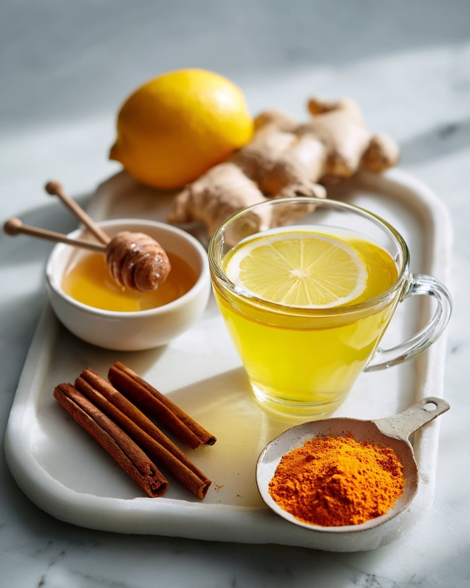 The image shows a white tray on a white marbled surface with a glass cup of bright yellow tea with a thin lemon slice inside on the right side. Above the cup, there is a piece of fresh ginger root. To the left, there is a half lemon and a small bowl of honey with a wooden dipper resting inside. In front of the lemon, three cinnamon sticks lie parallel to each other. A silver spoon filled with bright orange turmeric powder is placed near the bottom right of the tray. The lighting is soft, and a woman's hand is holding the wooden honey dipper over the bowl. Photo taken with an iphone --ar 4:5 --v 7