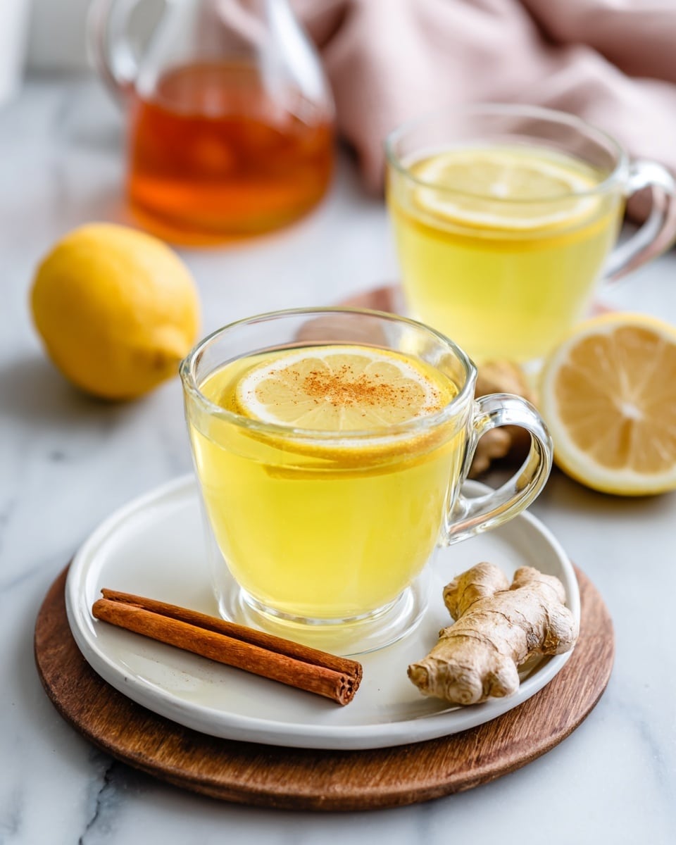 A clear glass cup sits on a white plate, filled with bright yellow liquid with a thin lemon slice floating on top, garnished with a cinnamon stick resting on the rim. Next to the cup on the plate is another cinnamon stick. The plate is on a wooden board that also holds a large piece of fresh ginger root and a halved lemon. In the background, a bottle filled with amber liquid and a second glass cup with the same yellow liquid being filled with water from a faucet are visible. A person wearing a dusty pink long sleeve shirt is slightly blurred behind the setup. The surface beneath is white marble --ar 4:5 --v 7