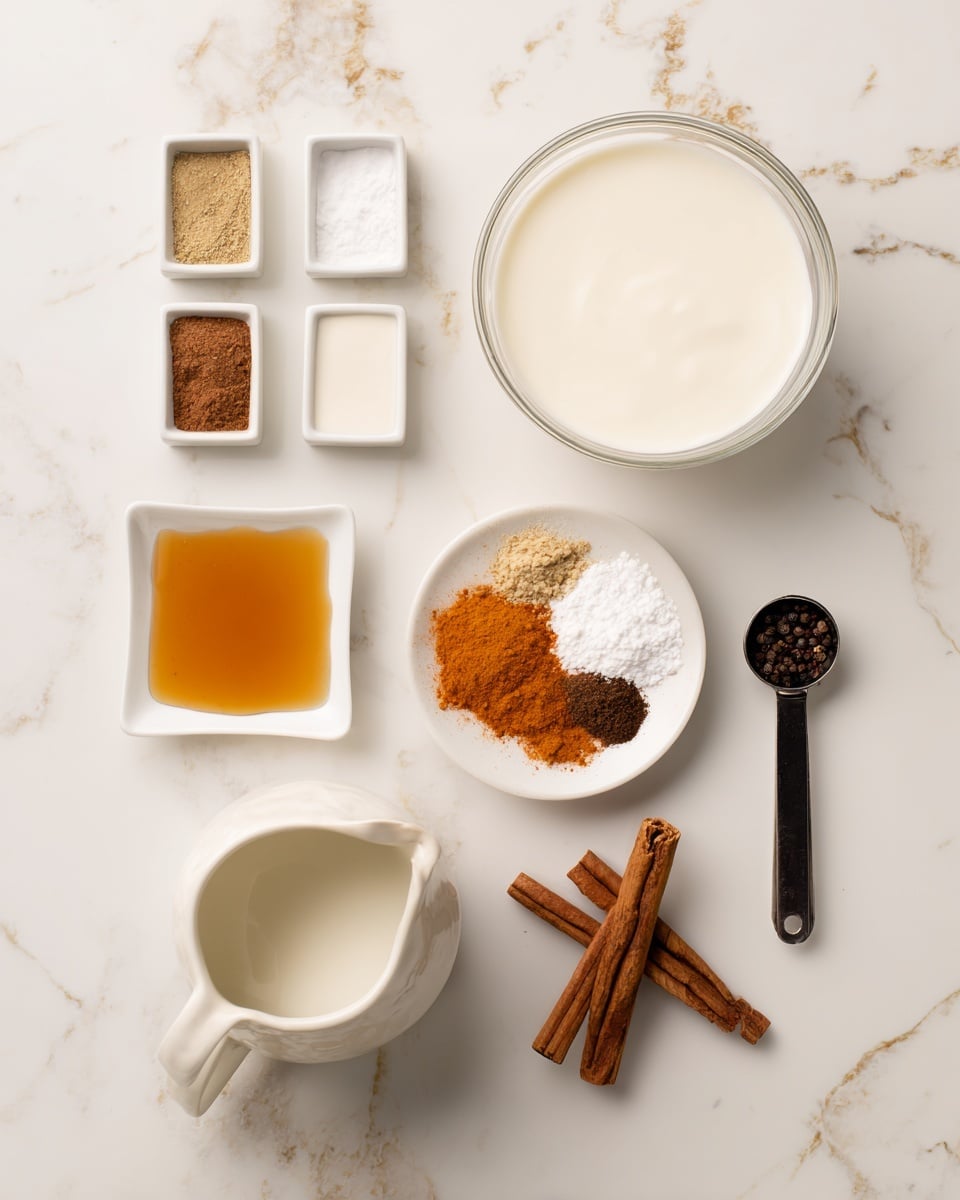The image shows a top view of a white marbled surface with six items placed neatly. On the top right, there is a large clear bowl filled with white creamy liquid. To its left, three small rectangular containers lay side by side, each labeled and filled with different spices. Below these, on the left side, there is a white square bowl holding a golden brown sauce or syrup. In the center, a white round plate contains an assortment of ground spices in orange, light brown, and dark brown colors. On the bottom left, a white ceramic jug with a handle is filled with white liquid. Finally, at the bottom right, two cinnamon sticks lie parallel, with a black measuring spoon holding a small amount of dark spice placed above them. The photo taken with an iphone --ar 4:5 --v 7