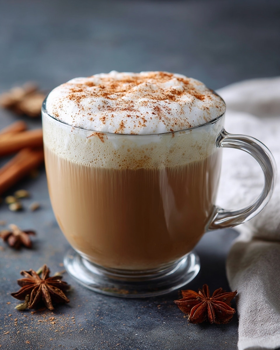 A clear glass mug filled with creamy light brown coffee topped with thick white foam sprinkled with cinnamon powder. The mug has a handle on the right side, and it sits on a dark surface next to a white cloth and some scattered cinnamon sticks and star anise. The background is softly blurred. Photo taken with an iphone --ar 4:5 --v 7