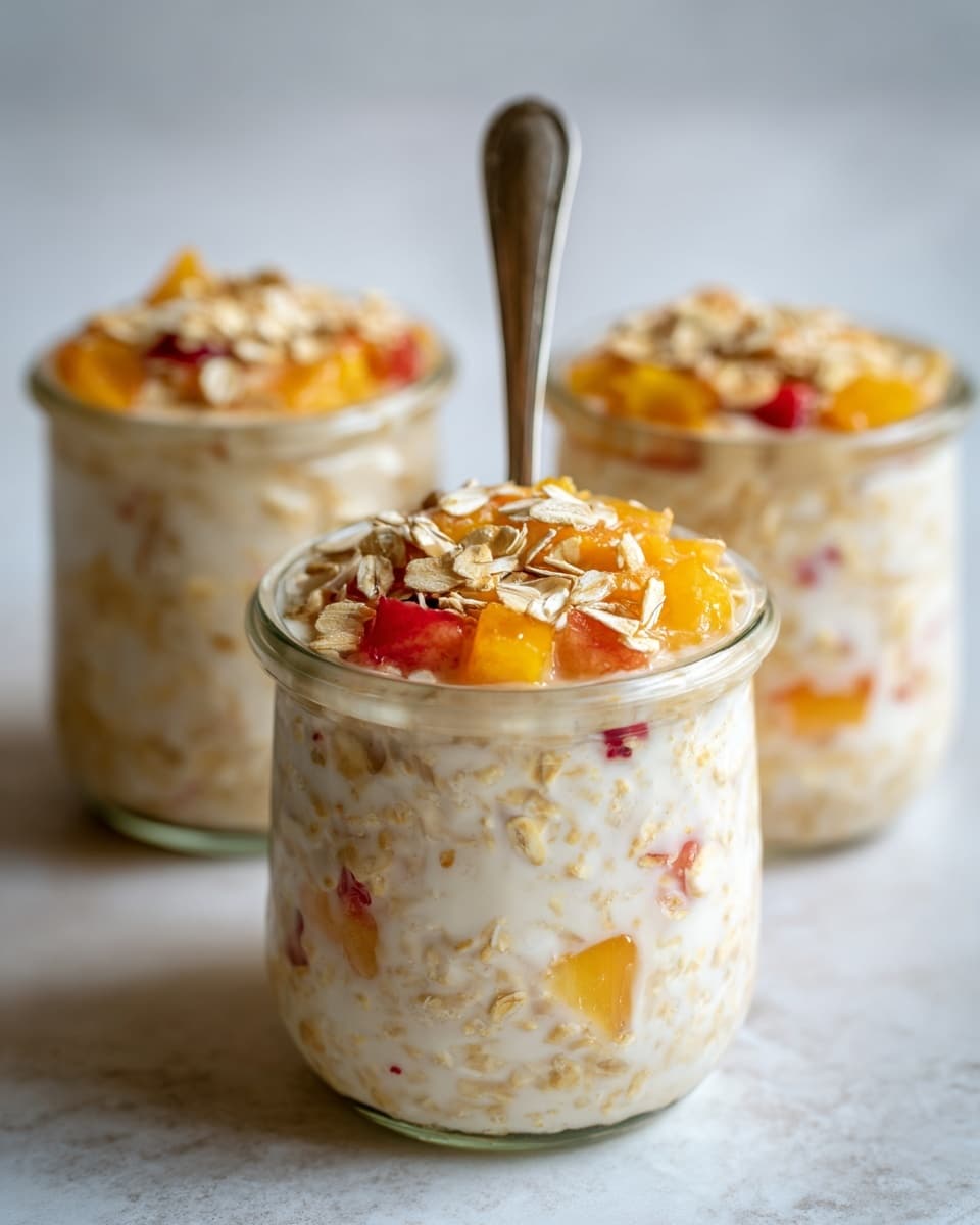The image shows three glass jars filled with a creamy oatmeal mixture that has small pieces of fruit visible inside, mainly orange and red chunks. The oatmeal is topped with a layer of light brown oats, adding texture on top. One jar is front and center with a spoon standing upright inside, while the other two jars sit slightly blurred in the white marbled background. The overall colors are light beige from the oatmeal, with specks of orange and red fruits, and the oats on top add a rough texture. Photo taken with an iphone --ar 4:5 --v 7