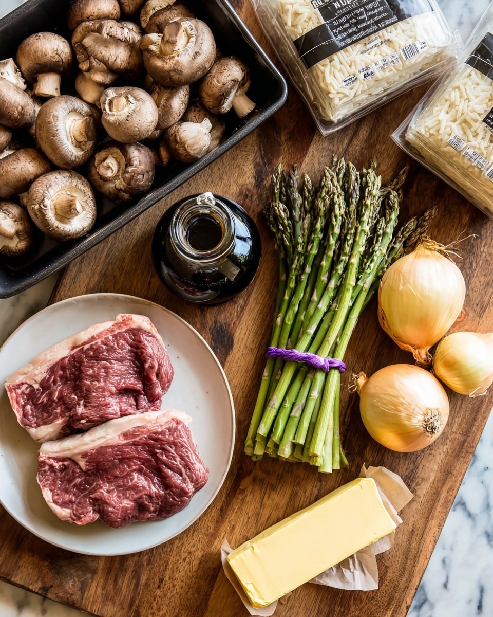The image shows a wooden table with ingredients arranged on it. In the top left corner, there is a black container filled with whole brown mushrooms. Below the mushrooms, on a white plate, are two raw steaks with visible marbling. Near the center, there is a dark bottle of Worcestershire sauce. To the right of the bottle, a bunch of green asparagus tied with a purple band is placed upright. At the bottom right, a stick of butter wrapped in yellow paper is next to a peeled half yellow onion. In the top right, two boxes of rice mixes are positioned side by side on the table. The background has a white marbled texture. Photo taken with an iphone --ar 4:5 --v 7