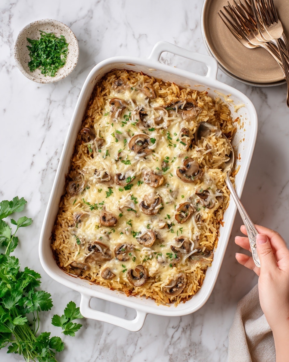 The dish is a baked casserole in a white rectangular ceramic dish with handles on each side, filled with a mixture of cooked rice and sliced mushrooms. The top layer shows browned edges with melted shredded cheese scattered unevenly across the surface. The texture appears soft and hot with steam rising as a woman's hand holds a spoon scooping into the dish from the upper right corner. Around the casserole, there is a white small bowl with chopped green herbs on a wooden surface resembling a table, a beige plate with four forks resting on it at the lower right, and fresh green herbs at the bottom left, all set on a white marbled texture background. Photo taken with an iphone --ar 4:5 --v 7
