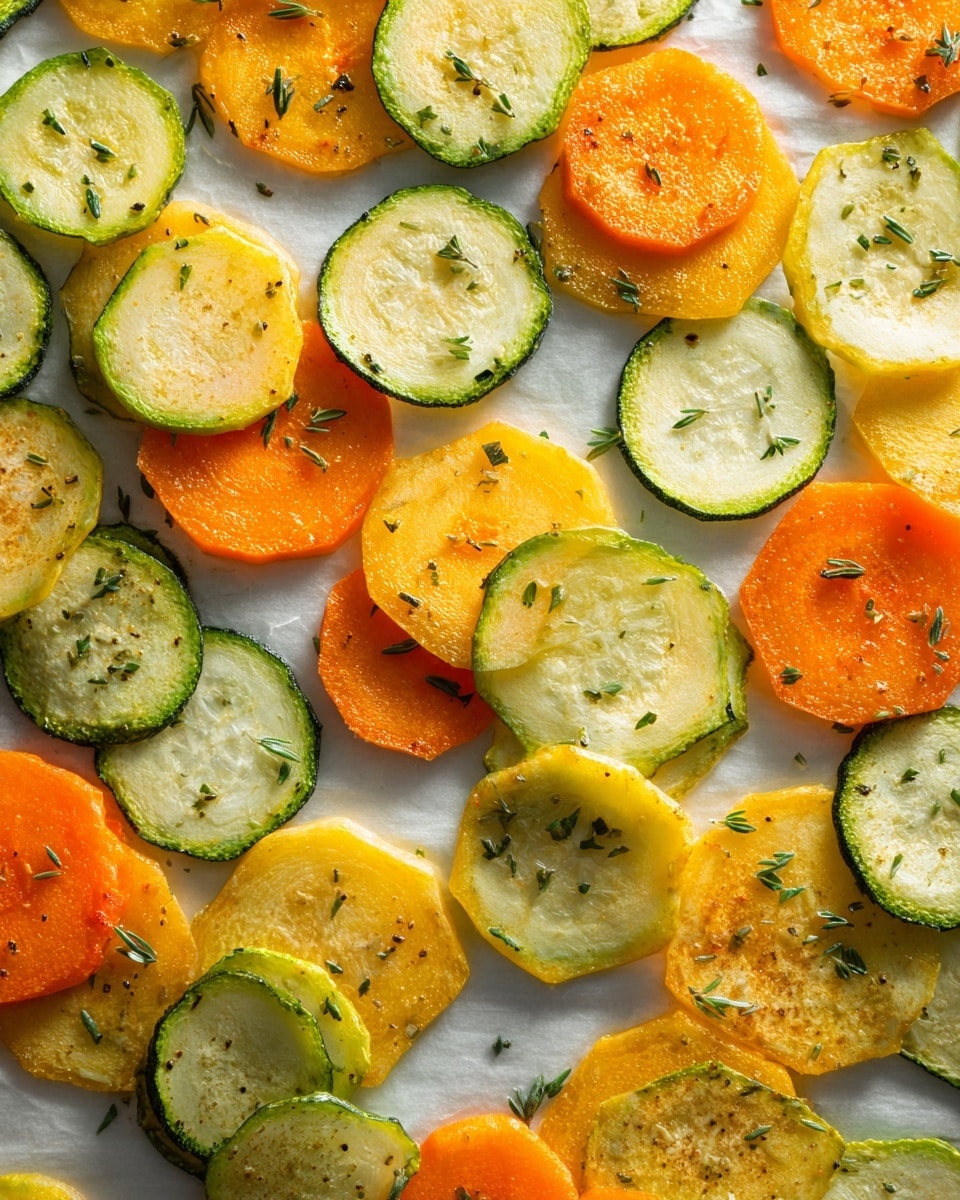 The image shows a single layer of round, thin slices of cooked green zucchini and bright orange carrot spread evenly on a white marbled surface lined with parchment paper. The zucchini slices have a light, soft yellow inside with darker green edges, showing a tender texture with some herb bits scattered on and around them. The carrot slices have a slightly rough texture and a vibrant orange color with some herbs and small seasoning pieces sprinkled over them. The arrangement is random but balanced with no overlap, creating a colorful, fresh look. Photo taken with an iphone --ar 4:5 --v 7