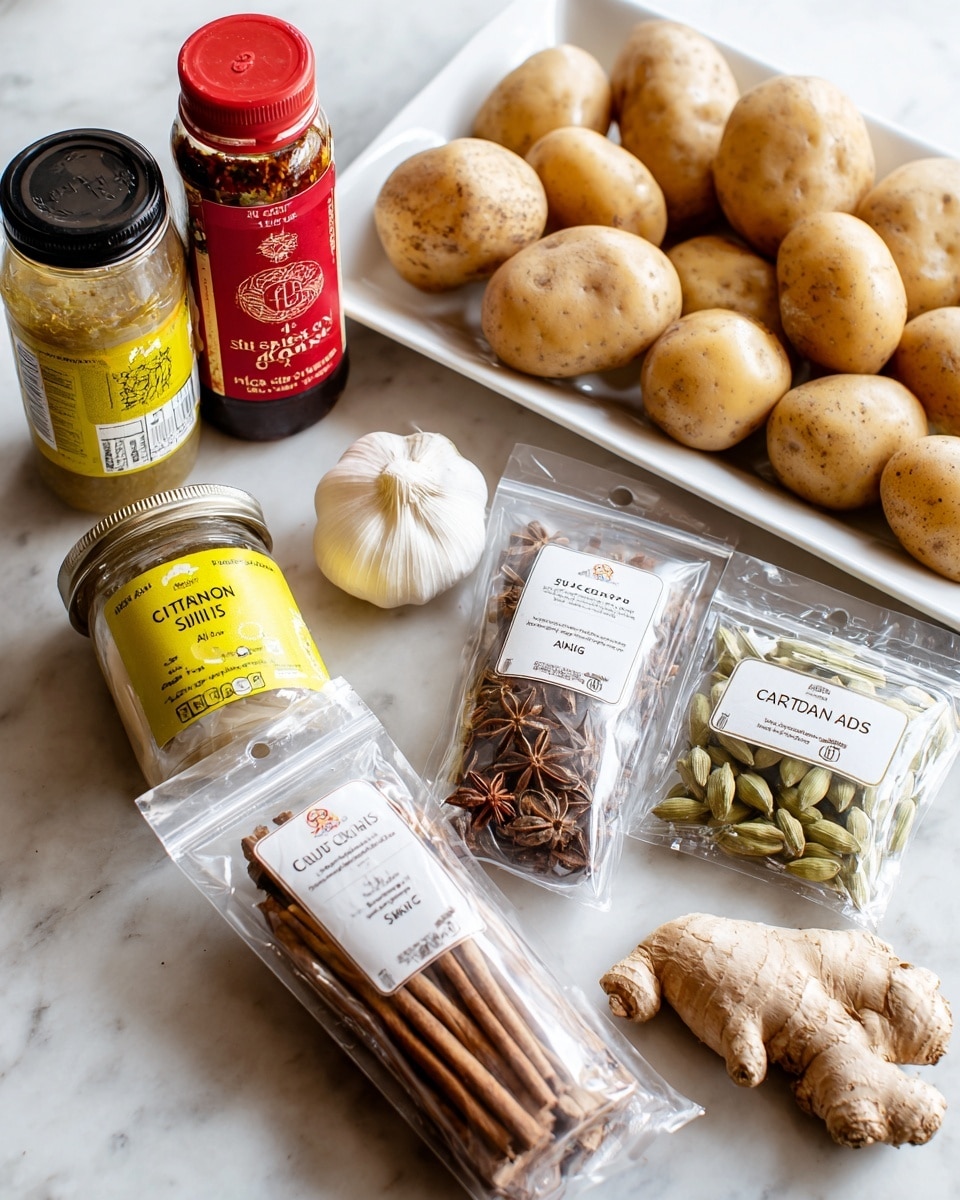 The image shows various cooking ingredients arranged on a white marbled surface. There are two clear plastic spice packets in the center, one labeled