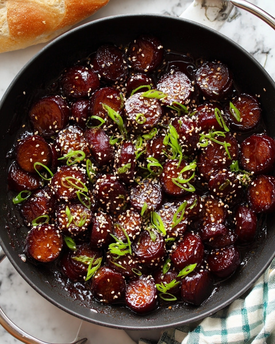 The image shows a black pan filled with small round pieces of dark brown glazed food, likely cooked sweet potatoes, that have a shiny, sticky texture. The pieces are scattered evenly inside the pan, topped with a sprinkling of small beige sesame seeds and finely sliced green spring onions, adding color contrast. The pan is placed on a white marbled surface. In the background, blurry hints of a green and white checkered cloth and some bread are visible, but the main focus is on the pan and the glazed pieces inside it. photo taken with an iphone --ar 4:5 --v 7