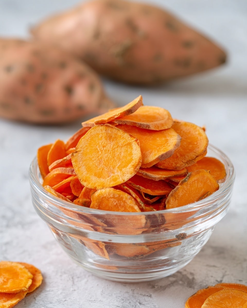 A clear glass bowl filled with many thin, orange slices of sweet potato, stacked loosely with some overlapping each other. Two whole sweet potatoes with rough brownish-orange skin sit behind the bowl on a white marbled surface, giving a natural and fresh look. The overall scene is bright and clean, focusing on the vibrant orange color of the sliced sweet potatoes. photo taken with an iphone --ar 4:5 --v 7