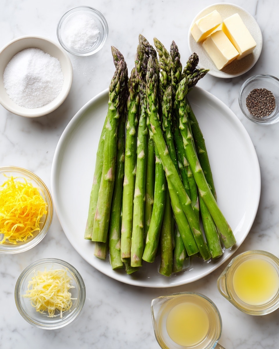 A white plate holds about a dozen fresh, green asparagus spears arranged side by side, their tips darker and slightly purple, the stalks smooth and firm. Surrounding the plate on a white marbled surface are small clear glass bowls and measuring cups with ingredients: a bowl of white salt, a bowl with two pieces of pale yellow butter, a bowl with black pepper, a small bowl filled with bright yellow lemon zest, and two measuring cups containing pale yellow liquids. The setup is clean and organized, showing fresh and simple ingredients for a light dish, photo taken with an iphone --ar 4:5 --v 7