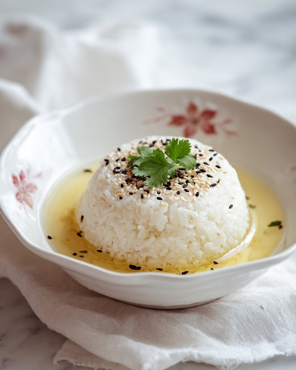 The image shows a bowl of cooked white rice shaped in a neat dome in the center of a white bowl with small red flower designs. The rice is topped with a small green sprig of cilantro and sprinkled with a mix of black and white sesame seeds. Around the rice dome, there is a light yellow liquid, likely oil or broth, creating a smooth shallow pool in the bowl. The bowl sits on a soft white cloth with a white marbled surface in the background. Photo taken with an iphone --ar 4:5 --v 7