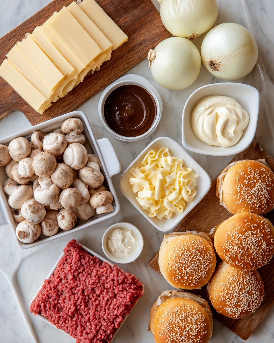 The image shows a white marble background with a wooden board on the top left holding a few slices of pale yellow cheese. Below it, there is a small bowl of dark brown sauce and next to it a small white bowl with creamy white mayonnaise. There is a white square dish with light yellow butter curls and another small white bowl filled with pale yellow mustard. Two whole white onions are placed at the top right corner. At the bottom left, a white container holds many small, round, light brown mushrooms dusted with a light powder. Next to it, a square plate shows raw bright red ground beef. On the bottom right, four round sandwich buns with a toasted golden brown color are placed, some sprinkled with sesame seeds. photo taken with an iphone --ar 4:5 --v 7