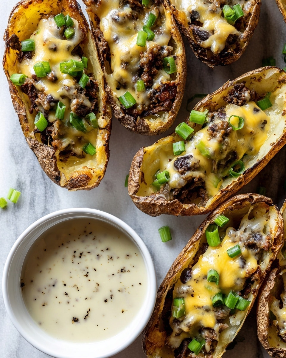 The image shows several large potato skins placed closely together, filled with a mix of finely chopped dark brown and black filling, likely cooked meat or beans, topped with a smooth layer of creamy light yellow sauce melting over the edges. Small chopped green onions are sprinkled generously on top, adding a fresh bright green color contrast. Next to the potatoes is a small white bowl filled with a thick white sauce with black pepper bits visible on its surface. The scene rests on a white marbled surface, and a woman's hand is partially visible near the top edge of the image. Photo taken with an iphone --ar 4:5 --v 7