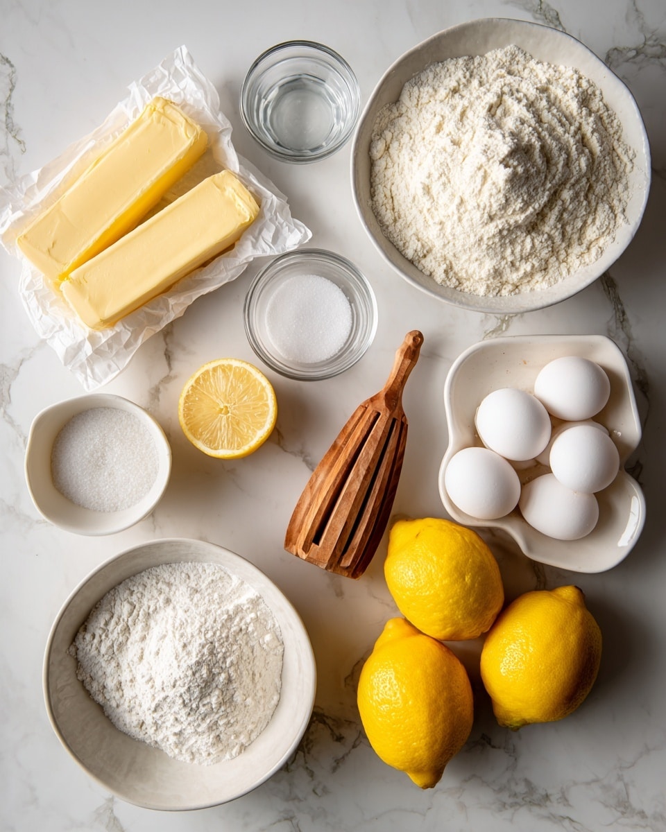 The image shows ingredients for baking, arranged neatly on a white marbled surface. There are two sticks of butter in paper wrappers in the top left, a small glass bowl of salt next to a bowl of granulated sugar to the right. A white bowl with flour is near the bottom left, beside another white bowl with powdered sugar near the bottom right. A white tray holding six white eggs is positioned near the top center, and three bright yellow lemons are placed in different spots on the surface. A wooden lemon squeezer is placed in the middle of the layout. photo taken with an iphone --ar 4:5 --v 7