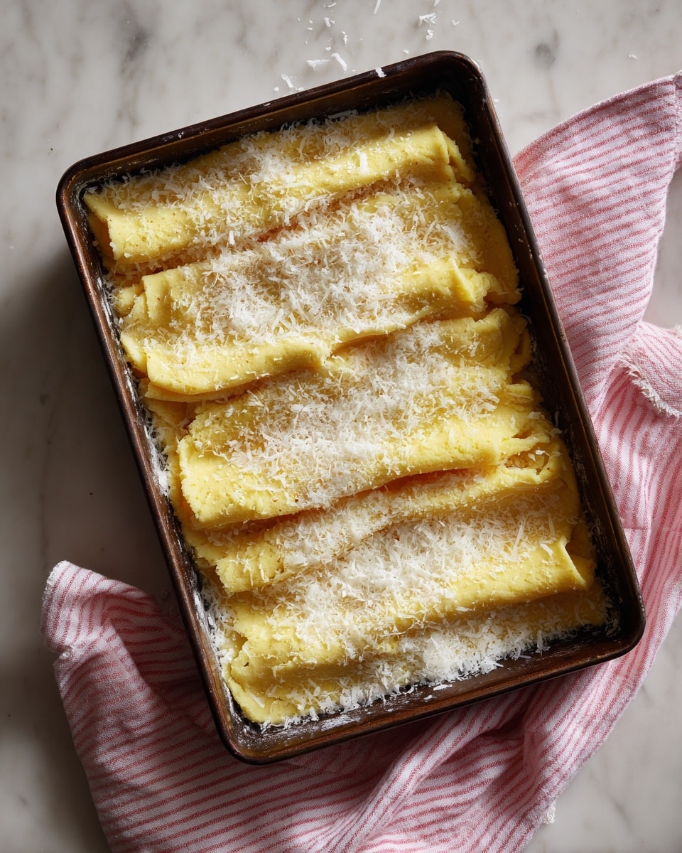 A tall rectangular dark baking pan holds layers of folded yellow dough stacked on top of each other, with a rough and soft texture. The dough layers look thick and uneven, sprinkled generously with white grated cheese and a light dusting of white granules, possibly sugar or grated coconut, scattered across the top and between the folds. The pan is placed on a white marbled surface with a soft cloth featuring pink stripes nearby. Photo taken with an iphone --ar 4:5 --v 7