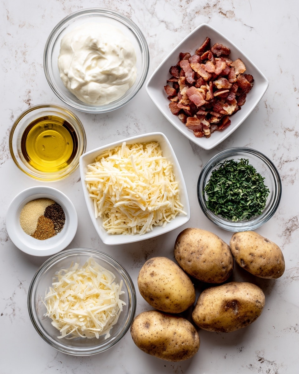 The image shows an overhead view of various ingredients placed on a white marbled surface. There are four brown potatoes with rough skin positioned in the bottom right area. Above them, a square white bowl filled with small pieces of cooked bacon sits. To its right is a small round clear glass bowl with chopped green herbs. Below the bacon is another square white bowl with white salt, black pepper, and a mustard yellow seasoning mixed together. To the left of these bowls, four clear round glass bowls contain, from top to bottom: thick white sour cream, golden olive oil, and finely grated pale yellow cheese. photo taken with an iphone --ar 4:5 --v 7