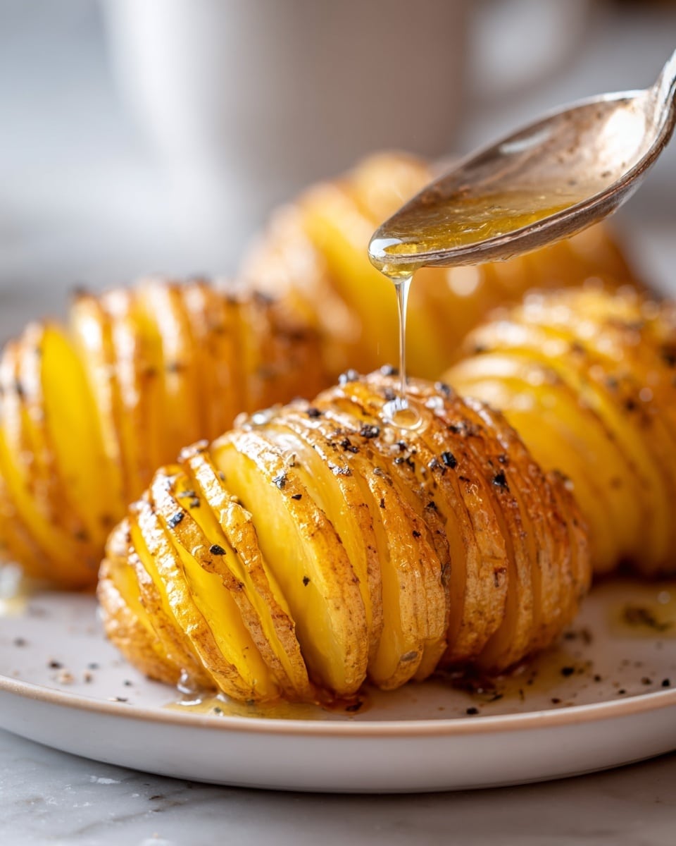 The image shows a close-up of roasted hasselback potatoes placed on a white plate with a white marbled background. Each potato has multiple thin, evenly spaced slices from top to bottom, with a golden brown crisp skin that looks crunchy and seasoned with specks of black pepper. A spoon is held above one potato, dripping clear melted butter with a light golden color, adding a shiny glaze to the potato’s surface. The focus is on the front potato, with others slightly blurred in the background. photo taken with an iphone --ar 4:5 --v 7